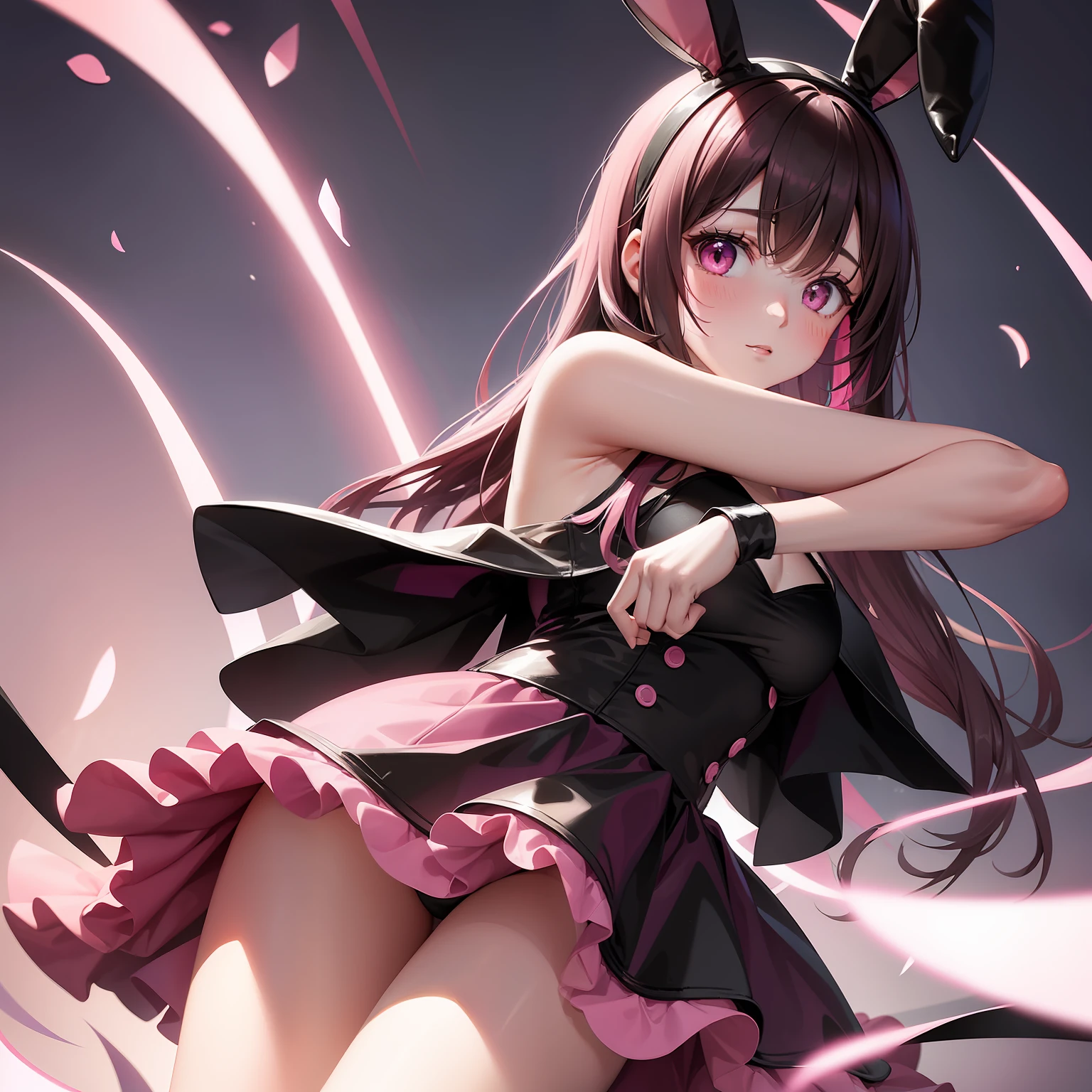 a women, pink bunny ears, black hair, pink eyes, pink dress