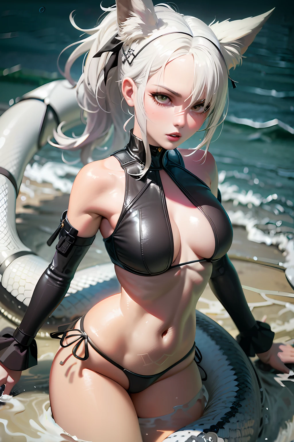 Blonde woman in wetsuit and cat ears in water, 2 b, 2b, seductive anime girls, Perfect white haired girl, photorealistic anime girl rendering, Extremely detailed Artgerm, Guviz-style artwork, Detailed digital anime art, wlop and krenz cushart, beautiful and seductive anime woman, Tifa Lockhart with white hair