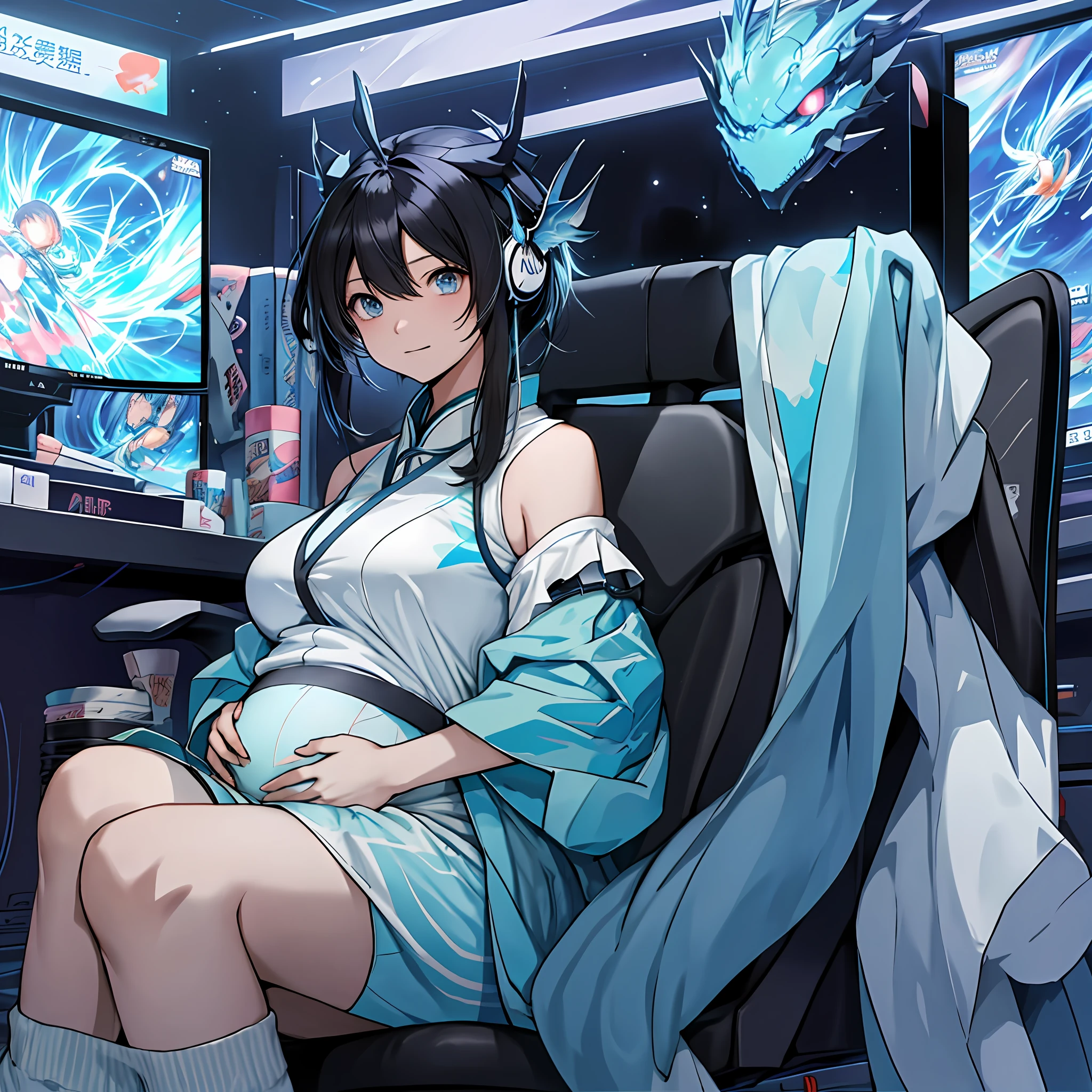 best qualtiy:1.0),(超高分辨率:1.0),animemanga girl,with short black hair,blue color eyes,Sit in front of the computer and play games,The background is in the esports room,Pregnant belly,Pregnant belly