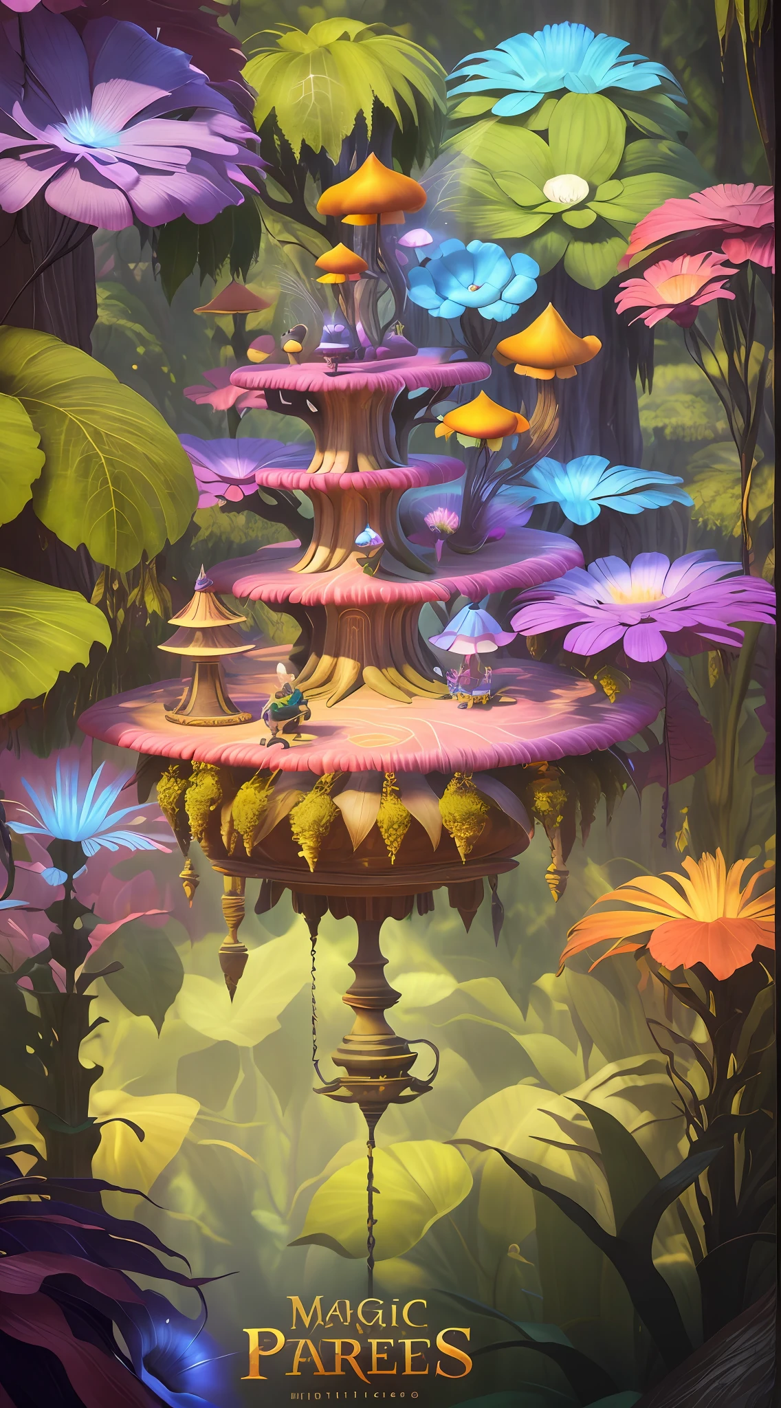 Red Gemstone Stage，Glowing phase，game poster，Bright umbrella between flowers and plants, concept art magical highlight, fantasy magical vegetation, magical fairy background, Magical background, Magic world. Colorful, colorful concept art, magical forest backround, magic fairy forest, Magical area, Magical environment, background artwork, magical forest background, psychedelic mushrooms dream, arte de fundo, Colorful alien flora, magical fantasy forest