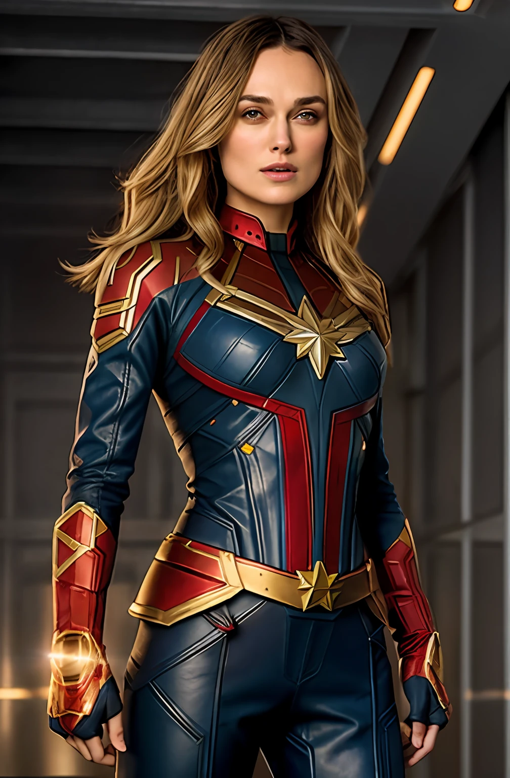 Best quality, highly detailed, High eyes clarity,Face of keira knightley, Keira Knightley as captain mervel, blonde hair, medium hair, full body portrait, wearing captain marvel outfit, sexy, cleavage, breasts showing