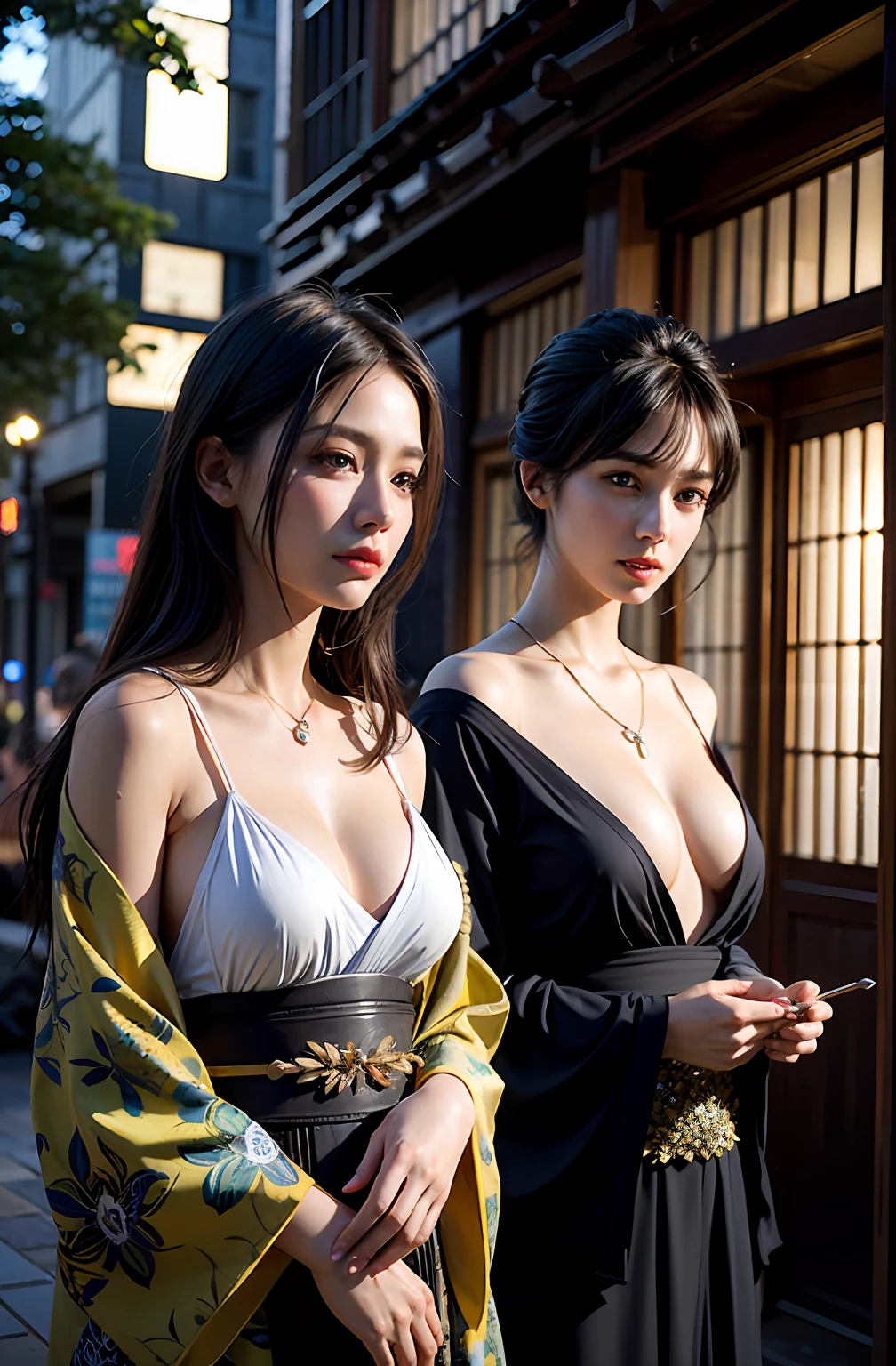 shukezouma, rendering by octane, hdr, (ultra - detailed:1.15), (Soft light, Sharp:1.2), (((((Two girls,duo))))),Beautiful girls,(City lights:1.9),in summer,Onsen,(Nature:1.9),Black hair,Very long hair,grin,Sexy,unaligned breasts, Dynamic Angle,Dynamic pose,Outdoors,Chinese style architecture,High color saturation,Color saturation,(jewelry:1.4),putting on jewelry, Ray tracing,Cinematic lighting,(RAW photo:1.2), (Photorealistic:1.4), absurderes,hyper detail eyes, mature, Onsen,Night,Painting drops, paint teardrops, woman made up from paint, entirely paint, splat, Splash, Long colored hair, Kimono made of paint, Ultra-fine texture kimono, Paint kimono, paint bulb, Exposed cleavage, paint drops, Exposed shoulders, Tears,shoulders are visible, Thighs exposed, seminude, focus onface, Beautiful face, eye shadows, Dark circle contour, russian face, Russian girl, mascara, Beautiful, 18yr old