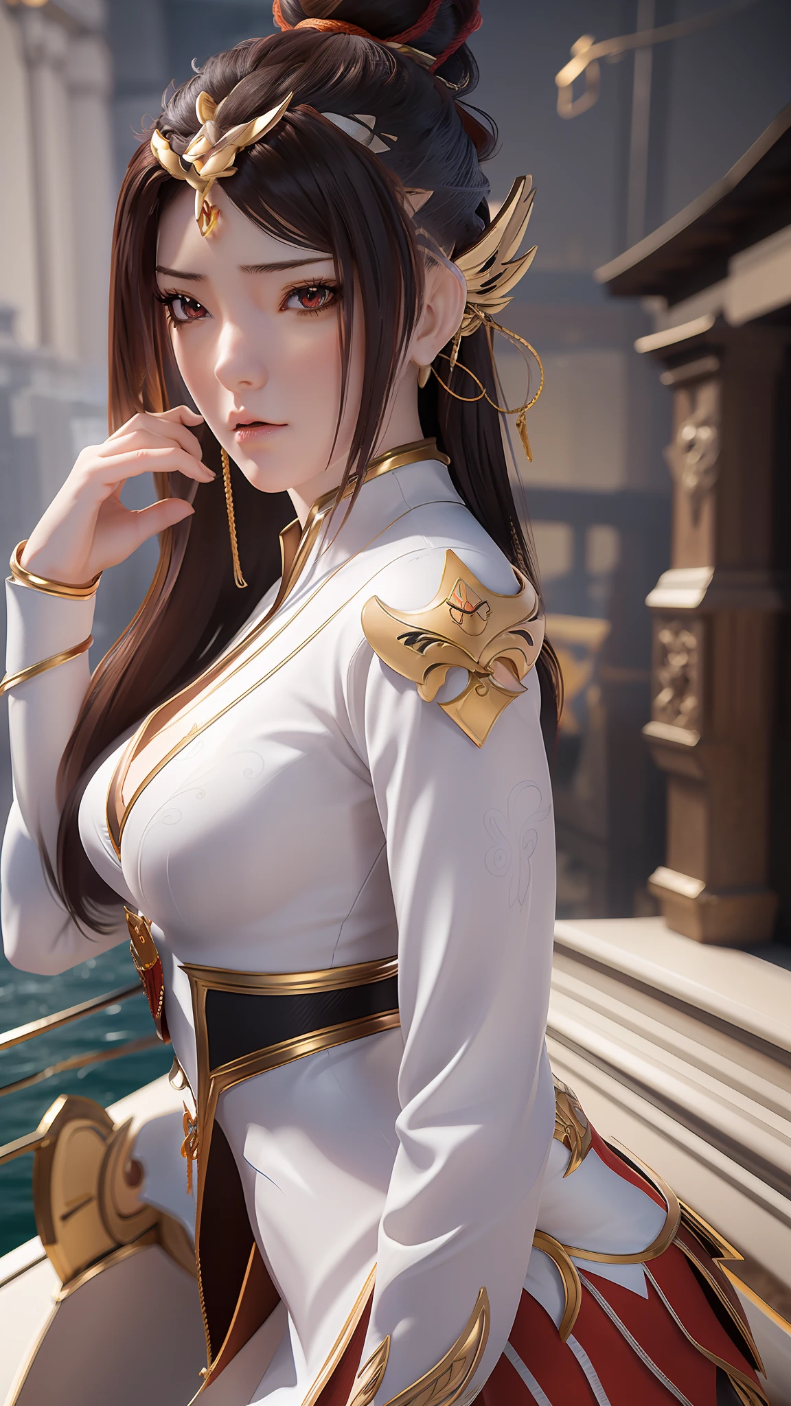 A woman in a white and gold outfit posing on a boat - SeaArt AI