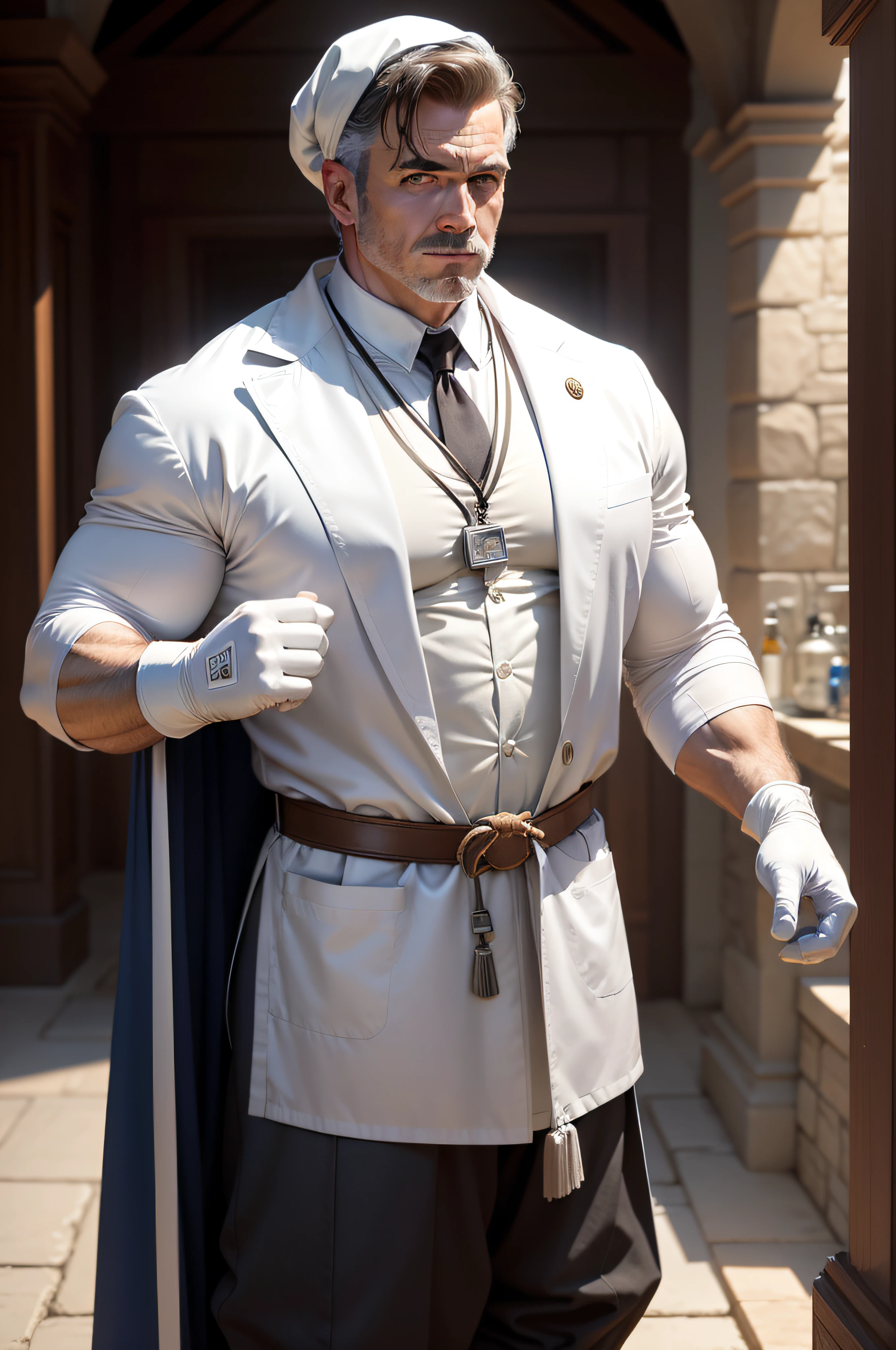 middle aged man,Handsome muscular man,White gloves,Latex gloves,surgical gloves,Multi-layer gloves,wearing gloves,the doctor,Ancient doctors,Medieval doctor,Full body wrapping,Manteau blanc