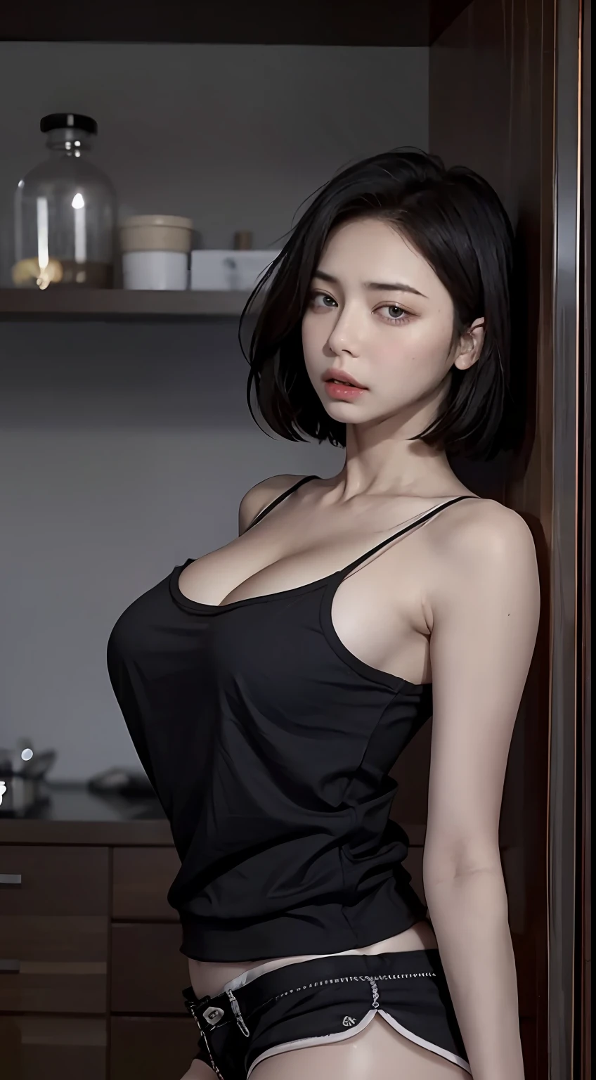 sooahdef, black hair, blue eyes, short hair
looking to the side, solo, breasts, parted lips, large breasts, looking away, camisole, cowboy shot, 1girl, black shorts, shorts, short shorts, bare shoulders, collarbone, cleavage
masterpiece, best quality