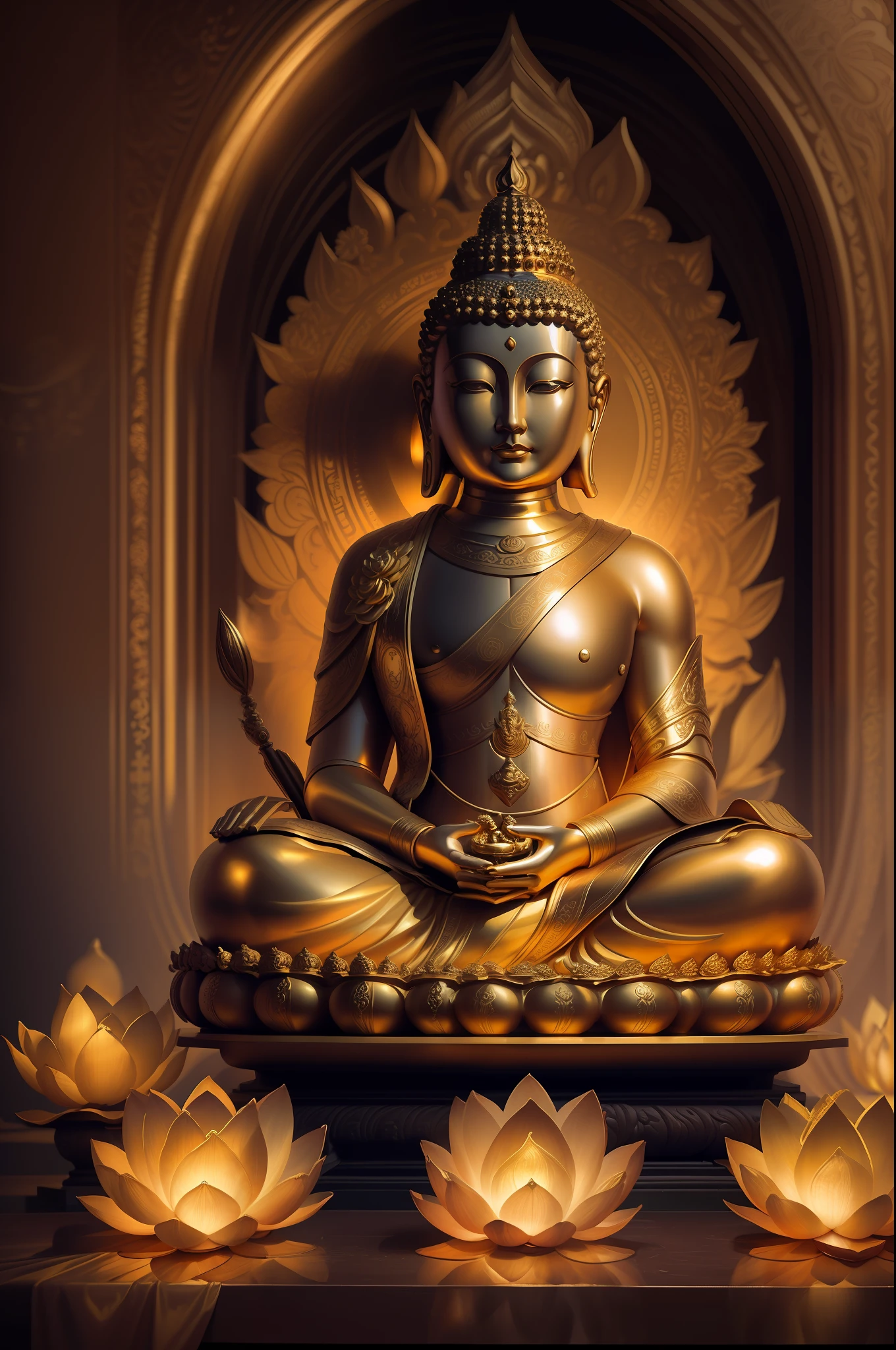 The golden Buddha statue sits on a lotus throne, There is a shining light overhead, surrealism, Chiaroscuro, Cinematic lighting, Vignetting, Fuji colors, f/2.8, hasselblatt, hyper HD, Masterpiece, ccurate, Anatomically correct, Super detail, High quality, Award-Awarded, Best quality, 8K