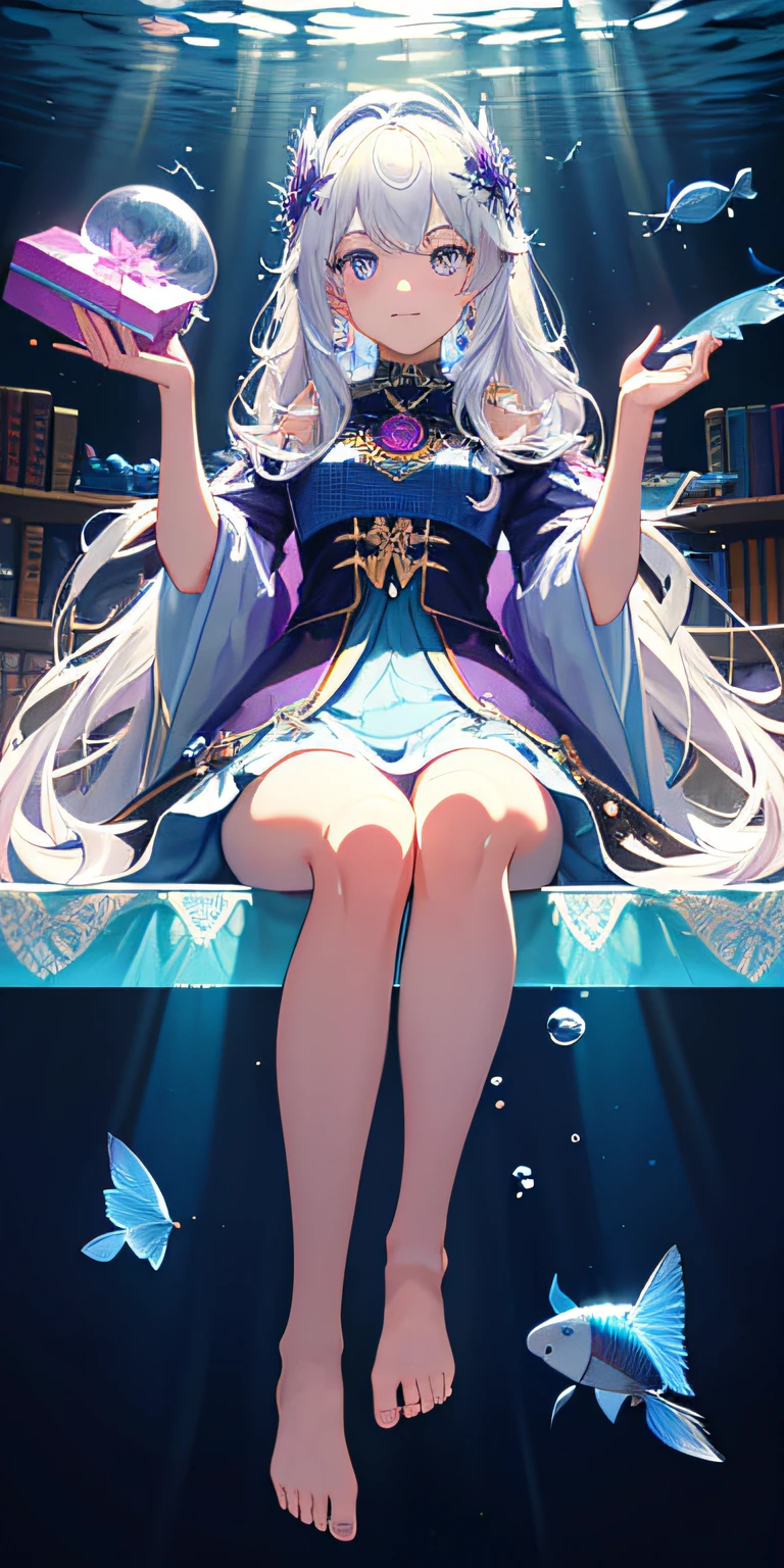 [(Transparent background:1.5)::5],(((Masterpiece))),(((Best quality))),(((Extremely detailed))),illustration, 1girll,Solo,mysterious,vivd colour,Shiny, Underwater transparent sealed hemispherical glass dome, (White hair),(Purple eyes), full bodyesbian,Barefoot,Long hair tranquility nature, Koi,Underwater, Dome,Close up,Dynamic actions,Lens perspective,(((Box composition))),sitting cross-legged，Leaning against the bookshelf, voluminetric lighting, multi colored eyes, Detailed eyes, ultra - detailed,Light smile, Highly detailed, Beautiful, small detailed, Ultra detailed, Best quality, Intricate, 4K, 8K, trending on artstationh, Good anatomy, Beautiful lighting, Award-winning,