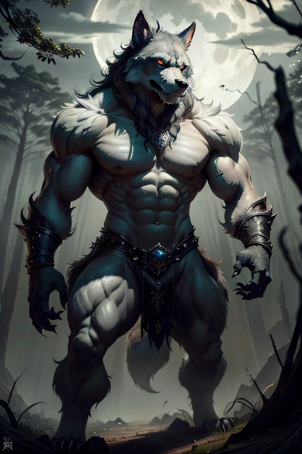 In a moonlit forest, the towering figure of an overbearing werewolf emerges from the depths of darkness.  Its massive frame is adorned with thick, coarse fur, reminiscent of charcoal black clouds billowing ominously in the night sky.  Each strand of fur seems to possess a life of its own, standing on end with an intimidating fierceness.

The werewolf's muscular limbs command attention, displayed with a combination of strength and grace.  Its razor-sharp claws, gleaming like silver crescents, exude an aura of danger.  As it moves, the moon's ethereal glow dances upon its fur, creating an enchanting play of shadows and highlights.

The creature's eyes, a vivid and piercing amber, hold a captivating power within them.  They seem to possess an ancient wisdom, hinting at the stories and battles this mysterious being has witnessed throughout time.  Yet, a glimmer of untamed wildness still remains, mesmerizing those who dare to meet its gaze.

In the background, a whimsical touch of surrealism takes hold.  A spectral forest, bathed in a soft mist, stretches beyond the reach of the eye.  The trees, twisted and gnarled, seem to whisper secrets of the past, their ancient branches reaching towards the heavens like gnarled hands.

This scene is captured with masterful artistry, blending elements of a breathtaking oil painting with the realism of a high-resolution photograph.  The intricate brushstrokes in the werewolf's fur bring a tactile quality to the image, while the play of light and shadows adds depth and dimension, making the creature almost tangible.

Captured in this awe-inspiring fusion of art styles lies the essence of the overbearing werewolf - a creature of raw power and ancient mystique, forever entwined with the enigmatic realms of fiction and reality