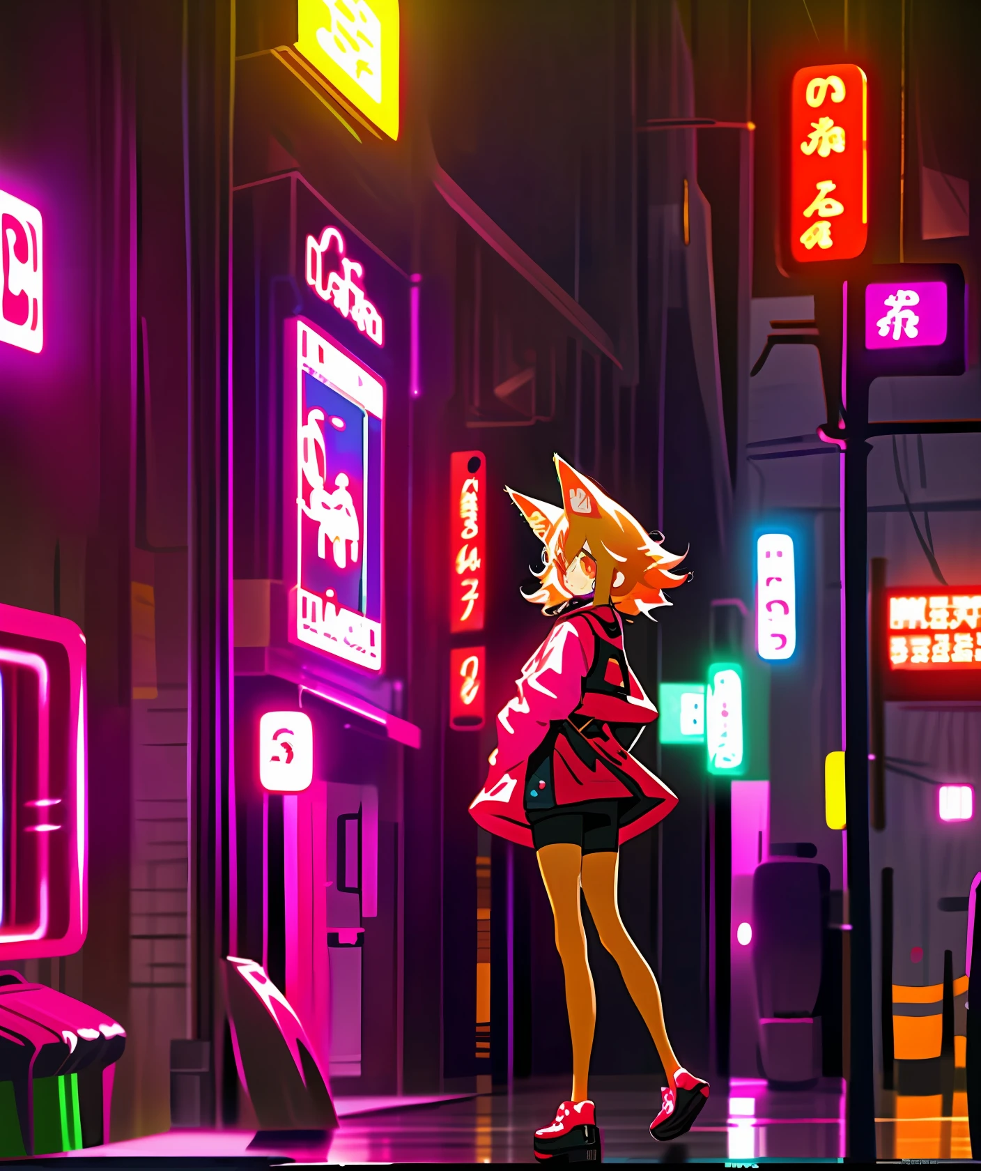(tmasterpiece,best qualtiy),1 cute female fox standing in the hallway and street corner,It sits in cute pose,Flashing neon lights,Wear cute costumes