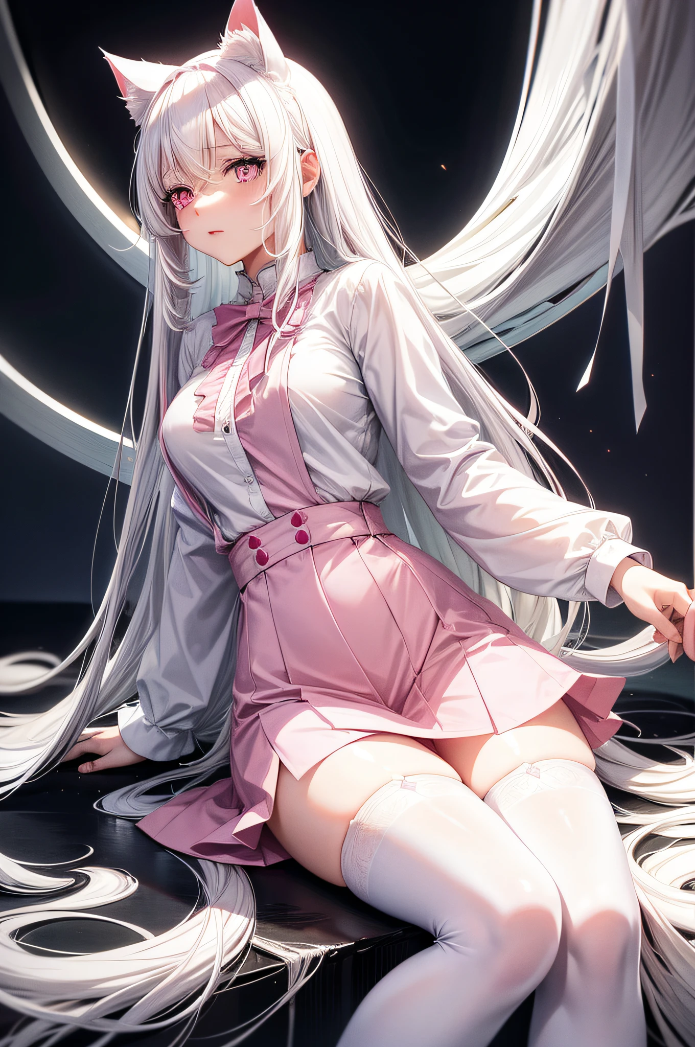 long white hair,female pervert,White cat ears,Pale pink eyes,Pink shirt,white stockings