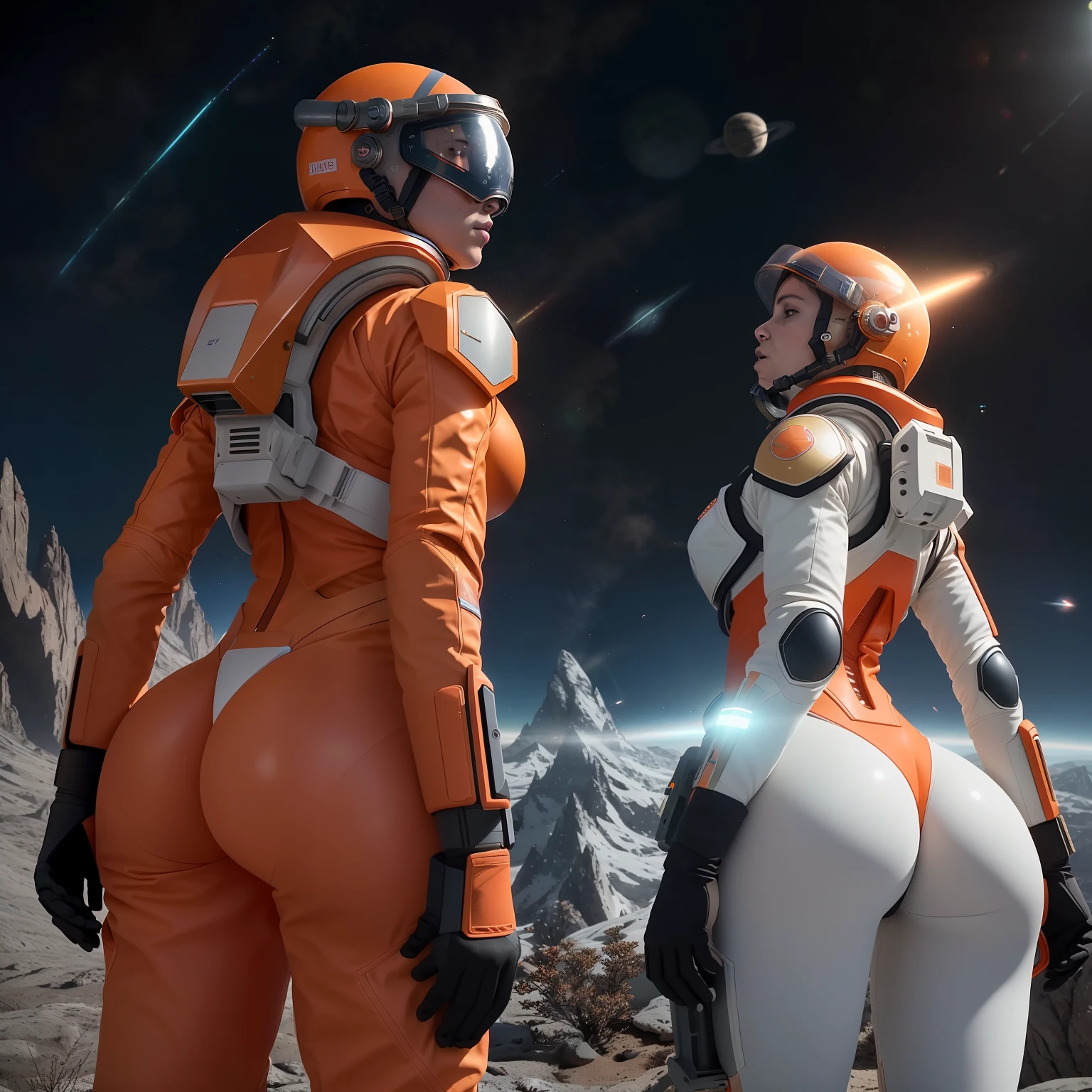 rear angle, Highly detailed RAW color Photo, Rear Angle, Full Body, of (female space soldier, wearing orange and white space suit, helmet, tined face shield, rebreather, accentuated booty), outdoors, (looking up at advanced alien structure, on alien planet), toned body, big butt, (sci-fi), (mountains:1.1), (lush green vegetation), (two moons in sky:0.8), (highly detailed, hyperdetailed, intricate), ((DAY TIME)), (lens flare:0.7), (bloom:0.7), particle effects, raytracing, cinematic lighting, shallow depth of field, photographed on a Sony a9 II, 50mm wide angle lens, sharp focus, cinematic film still from Gravity 2013, from behind