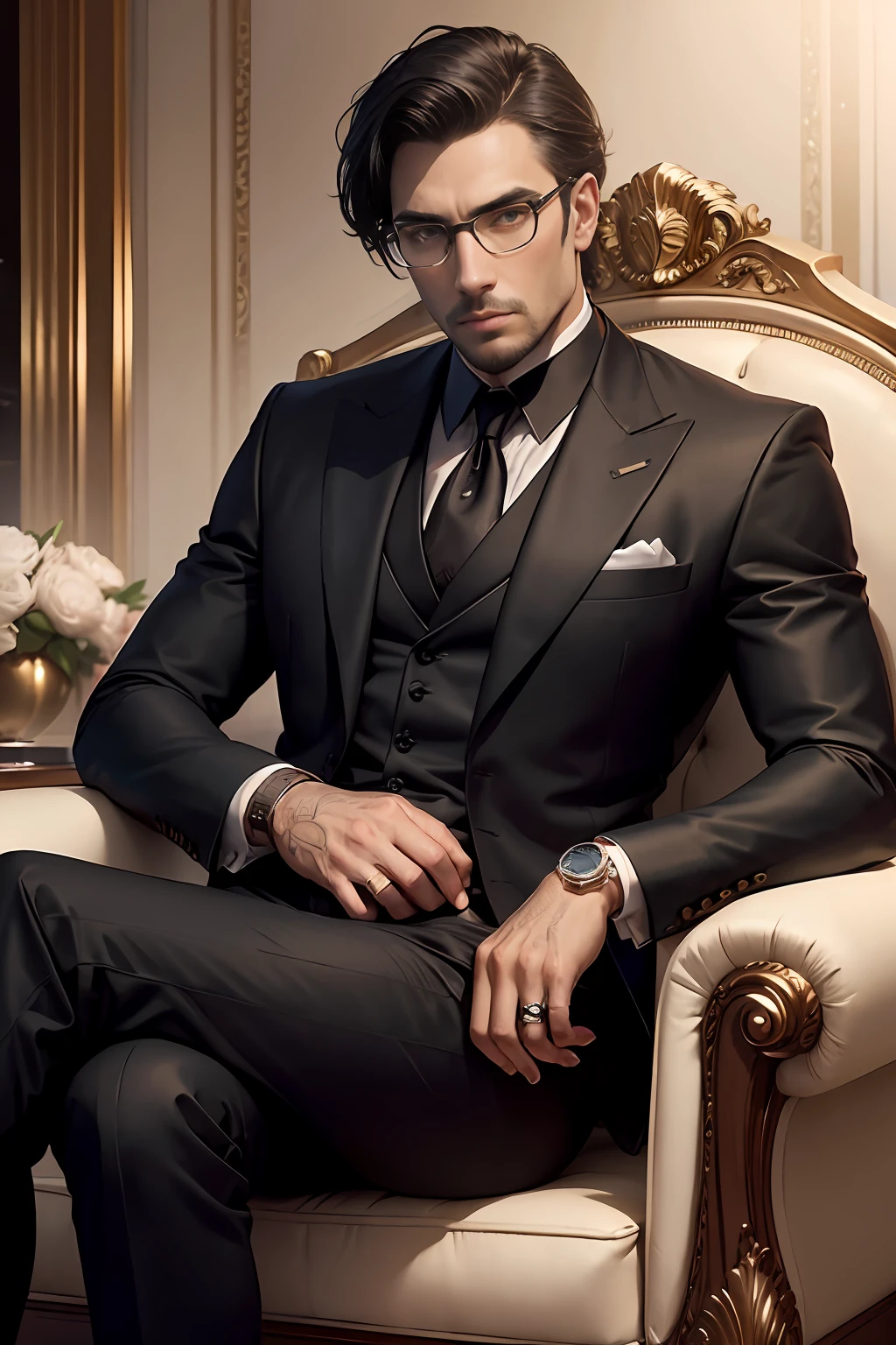 A sophisticated businessman exuding confidence and elegance, seated on a plush couch, in an opulent black suit, with a Rolex watch, meticulously detailed and remarkably realistic. --auto