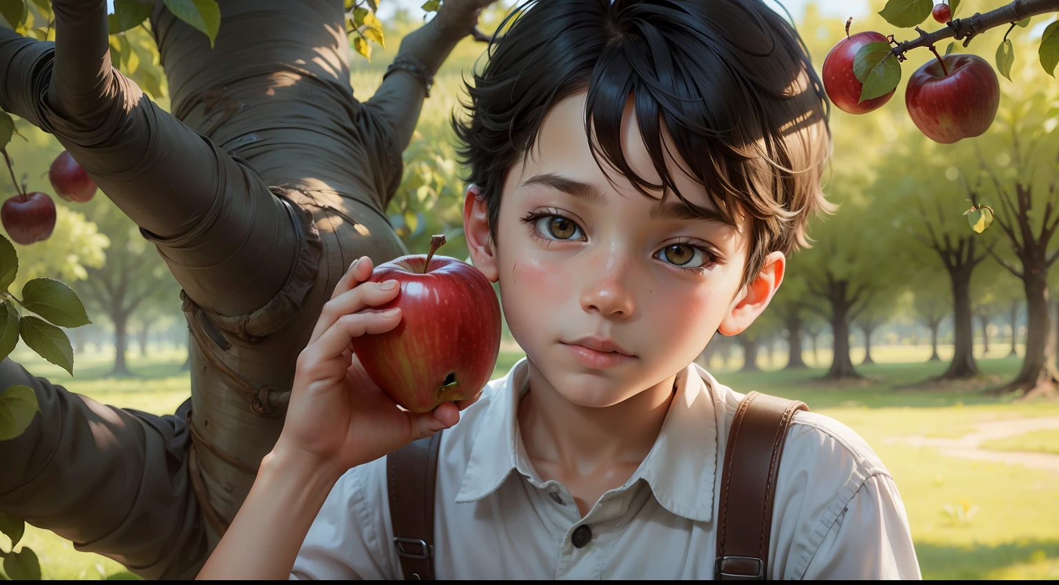 Boy petting an apple tree