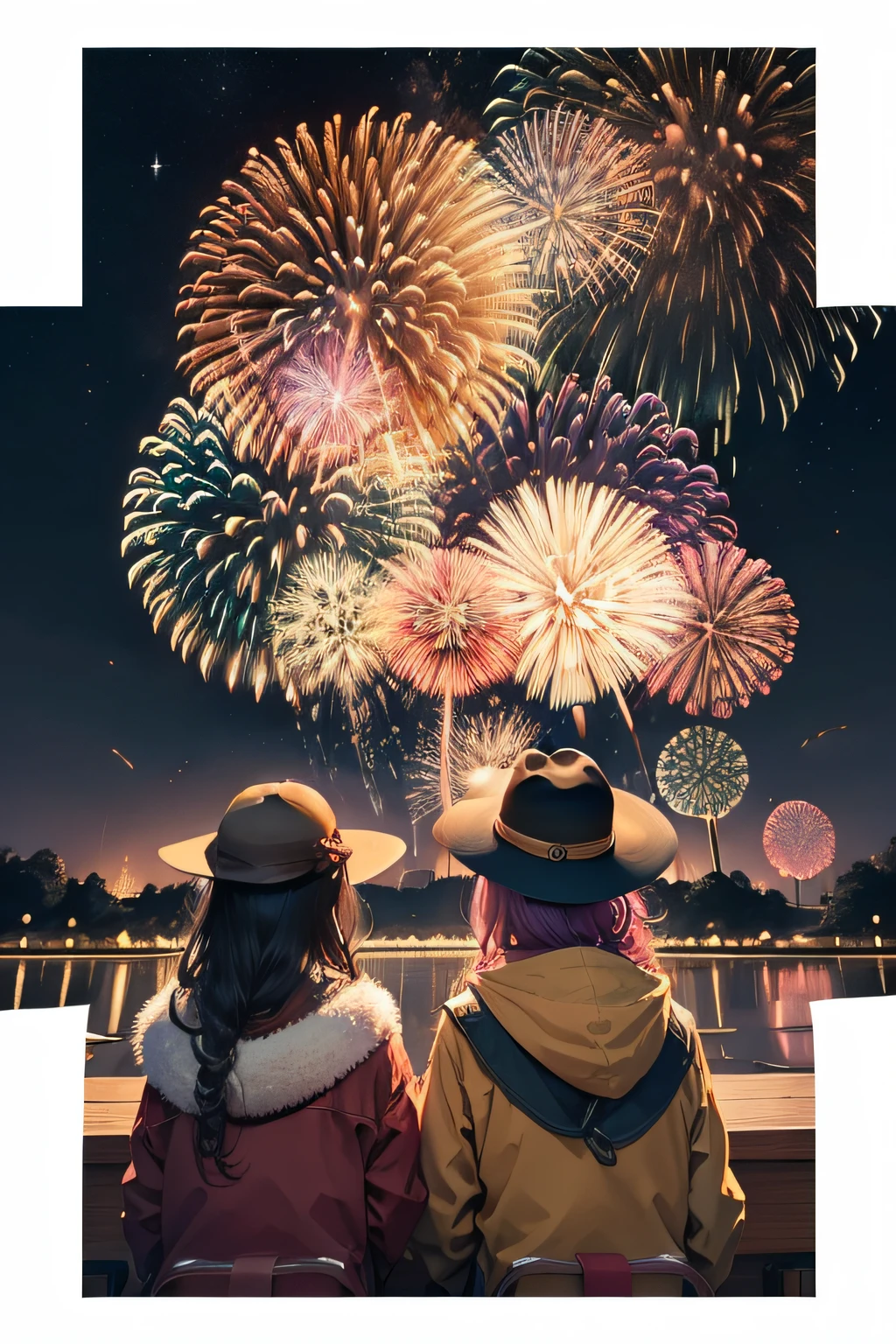 Draw beautiful illustrations of the highest quality for fireworks display posters。Expressing the light of fireworks and beautiful colors in the bright night sky。a person々conveys the fun and atmosphere of the lively venue。