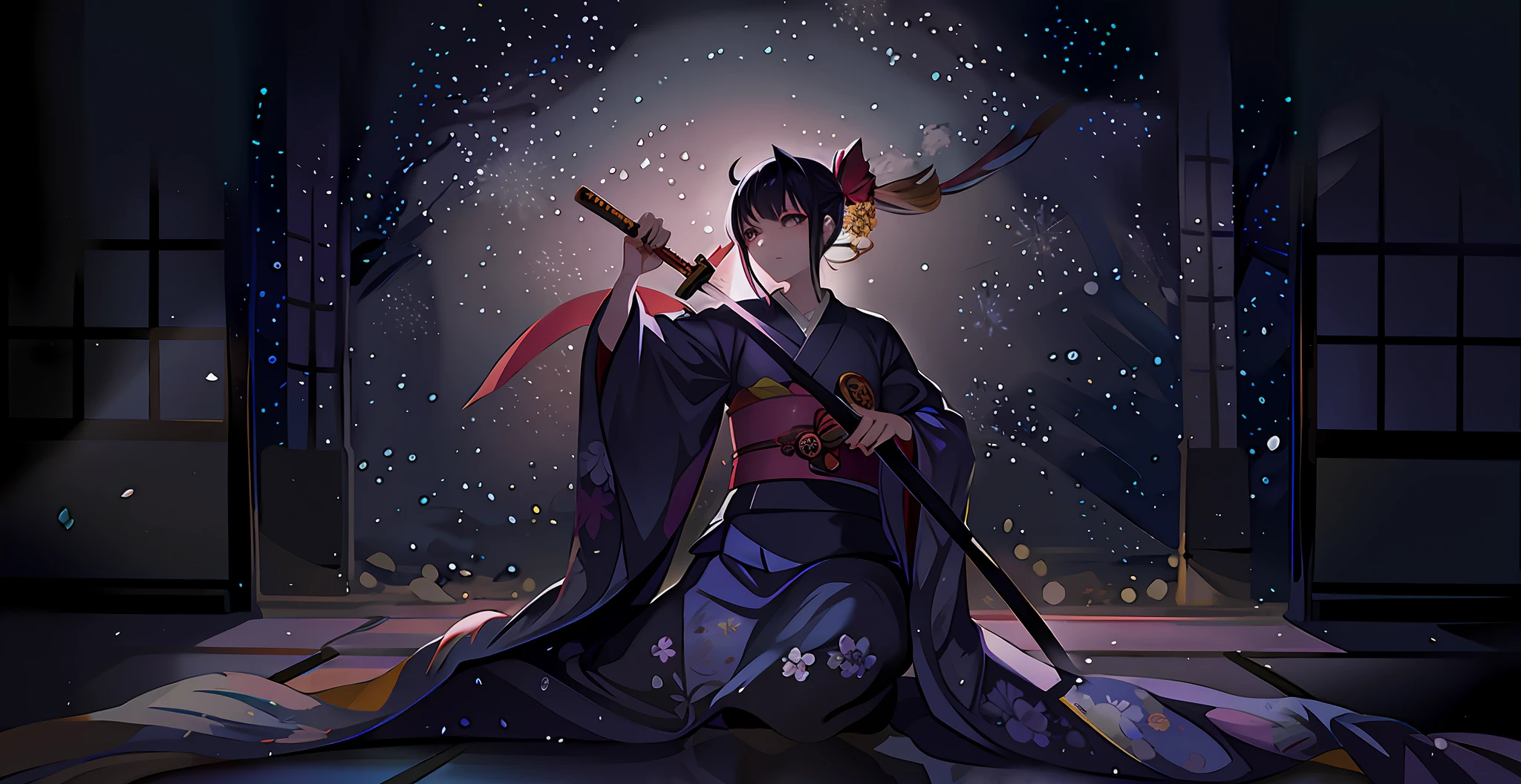 Anime girl in kimono holding a sword in a bright room, A chill appeared on her face,tatami galaxy, Guviz-style artwork, inspired by Tosa Mitsuoki, zerochan art, pixiv contest winner, , she is holding a katana sword