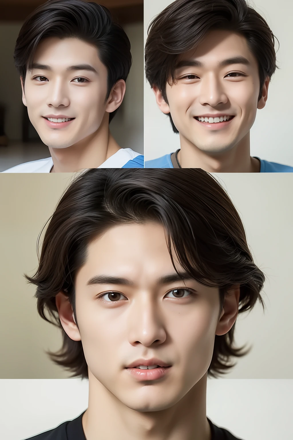 top-quality, ​masterpiece, 超A high resolution, (realisitic: 1.4), Original photo, wall-paper, Head Photo, The skin, simple background, Black eyes, detaileds, selfy, 1 boys, 18 years old, a handsome, breezing, rays of sunshine, Duan、a room、Amazing handsome man、Cute、Center Part、perm、Johnny's、A face like Ryo Yoshizawa、Refreshing、not too thick eyebrows、orthodox christianity、Cold Face、musculature、Crunchy smile