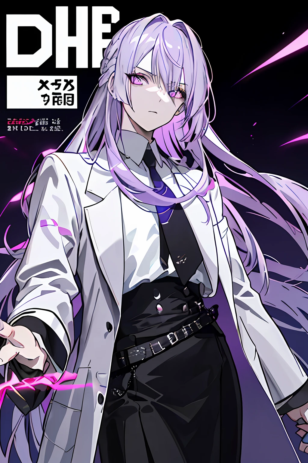 ((((dramatic))), (((gritty))), (((intense))) (Extremely long hair)(Tie)(White lab coat)(Cold maturation)(Emit)(Light purple hair)(Light purple eyes)The movie poster features a young woman as the central character。She stands confidently in the center of the poster,Dress in fashion-forward clothing,with a determined expression on her face。The background is dark and gritty,There is a sense of danger and a strong feeling。The text is bold and eye-catching,With catchy slogans,Adds to the overall drama and excitement。The color palette is dominated by dark colors,Dotted with bright colors,Make the poster dynamic and visually striking,tachi-e (magazine:1.3), (cover-style:1.3), fashionable, woman, vibrant, outfit, posing, front,rich colourful,dyna,Background with,element in,self-assured,Expressing the,halter,statement,attachment,A majestic,coil,Runt,Touching pubic area,Scenes,text,Cover of a,boldness,attention-grabbing,titles,Fashionab,typeface,Catchy,titles,more big,smart、moderno、Trendy、focus-on、Fashionab、