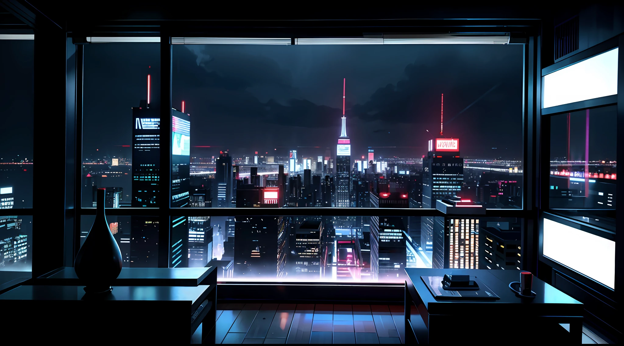 Araffed view of the room with a view of the city from night, bladerunner apartment, neo - noir setting, Located in Tokyo, the roof, cinematic neon matte painting, Cyberpunk room at night, Gotham City by night, cyberpunk apartment, rainy city at night, Like《bladerunner》Scene in , city at night in the rain, Aesthetics of rain, Rainy night changes，There are shadow shades on the edges