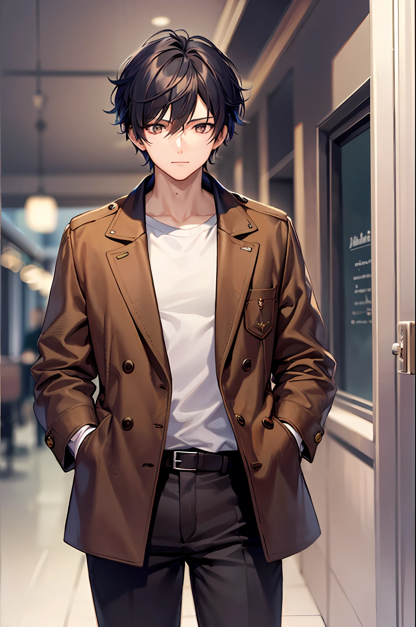 tmasterpiece, 1boy, 22 years old, 独奏, Klein Moretti, The Lord of Secrets, Sequence 9, seer, black hair, Short Hair Hair, brown eye, double-breasted jacket, Shirt, pants, cane, stands,