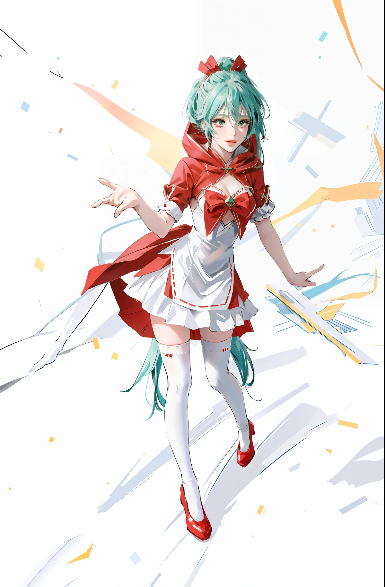 Big breasts Hatsune Miku，littleredridinghood，White tights，ssmile，white stockings，Red dress，Red shoes，Green hair，The beautiful， k hd，