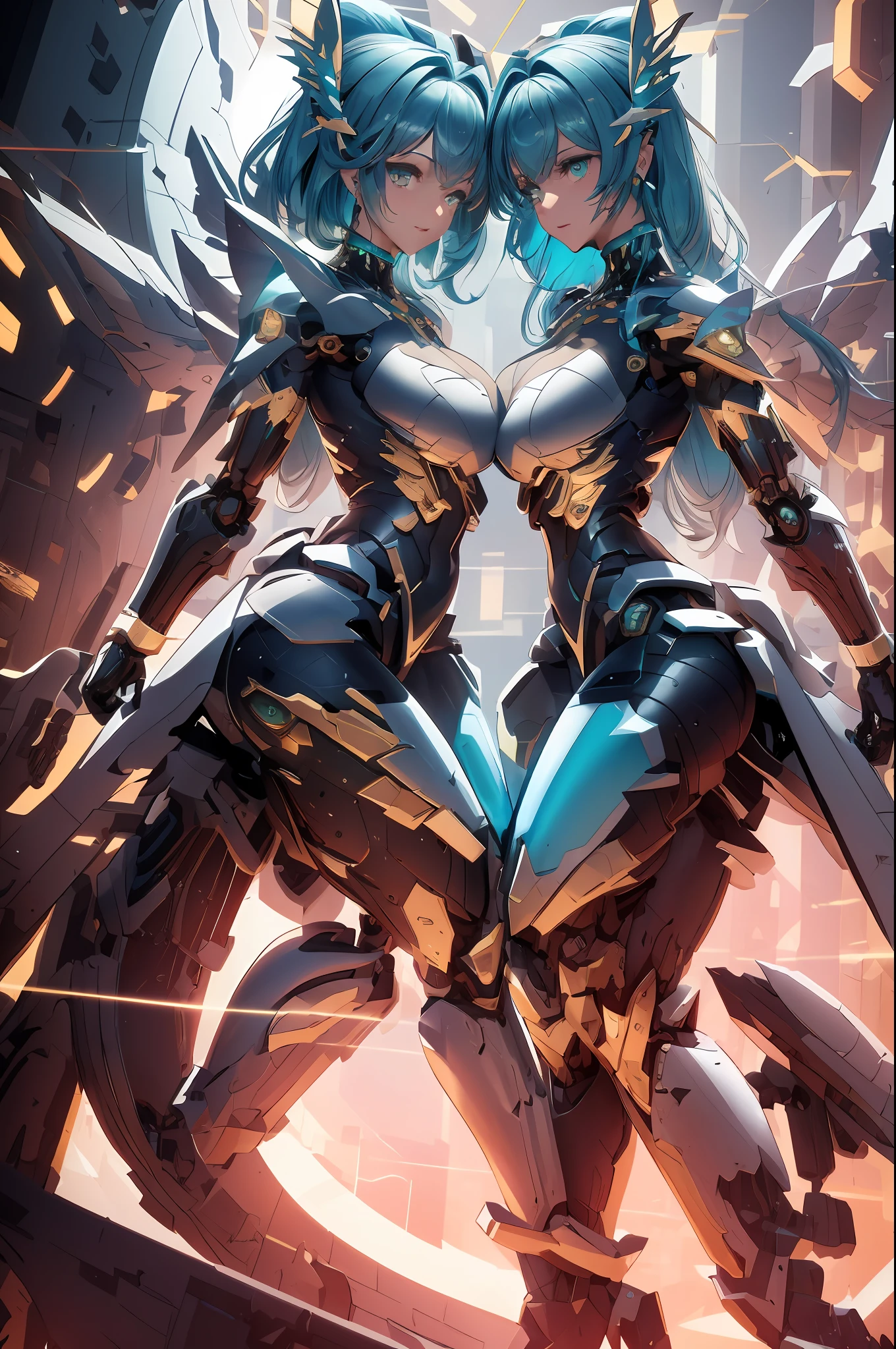 (((masterpiece))), (((best quality))), ((ultra-detailed)), ((extremely detailed CG unity 8k wallpaper)), (1girl) aqua left eye and green right eye, (short blue hair), (gradient to green), (transformed by machinery), knee robot joints, (((black pantyhose))), (white cloth),(artificial torso) ,(short skirt) black gloves with, high-heel shoes,{{mecha musume}},{{mechanical wings}}, {{mechanical legs}},((galaxy background)),((metal wings)),((close mouth)),ray tracing,(ray tracing,{highres}, large breast, nsfw,uncensored,original, {an extremely delicate and beautiful},,incredibly_absurdres,colorful,intricate detail,artbook,),Floating Cannon in the back,((glowing eyes)),(((beautiful detailed eyes))),,