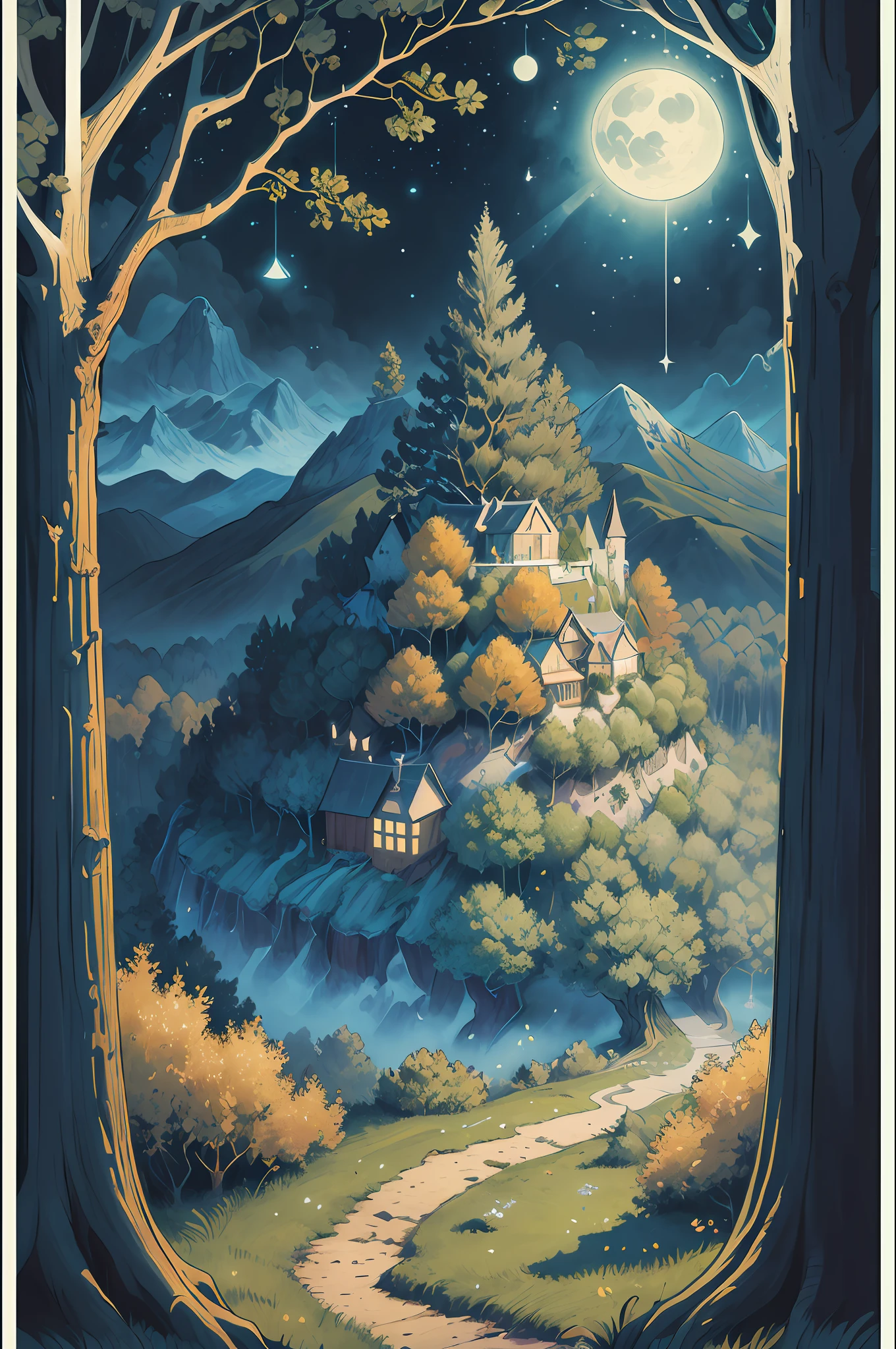 (((masterpiece))),bestquality,illustration, beautiful detailed glow, paper_cut, fantasy, simple background, no human, vincent van gogh \(style\). O'er all the hilltops Is quiet now, In all the treetops, Hearest thou, Hardly a breath, The birds are asleep in the trees, Wait, soon like these, Thou too shalt rest.