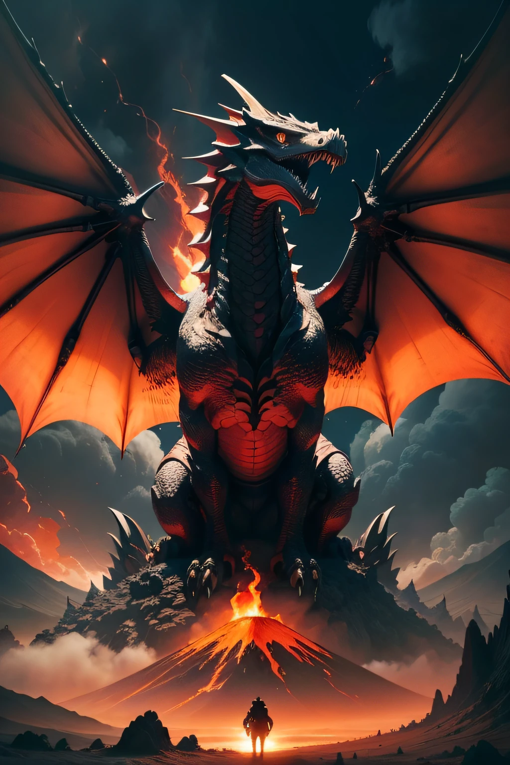 A giant wyvern，Sit on a volcano with spread wings，Magma erupts all around，rich details​，Extreme light and shadow，European style，The full picture，2.5D