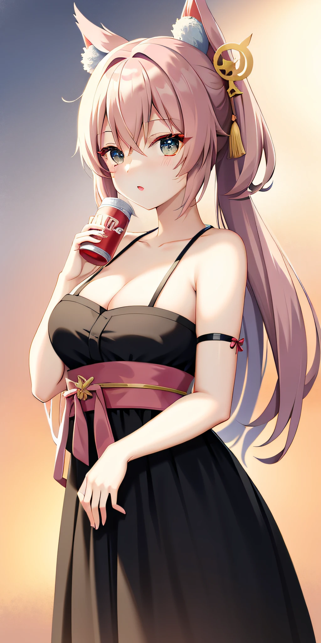 Cat ears，animemanga girl，Has light pink hair，Holding a flower in hand, onmyoji portrait, komono, Palace ， A girl in a black tulle dress，breasts focus， anime visual of a cute girl, in a kimono, onmyoji, Anime moe art style, Kantai collection style, Onmyoji detailed art, anime girls drink Energy drink, Guviz