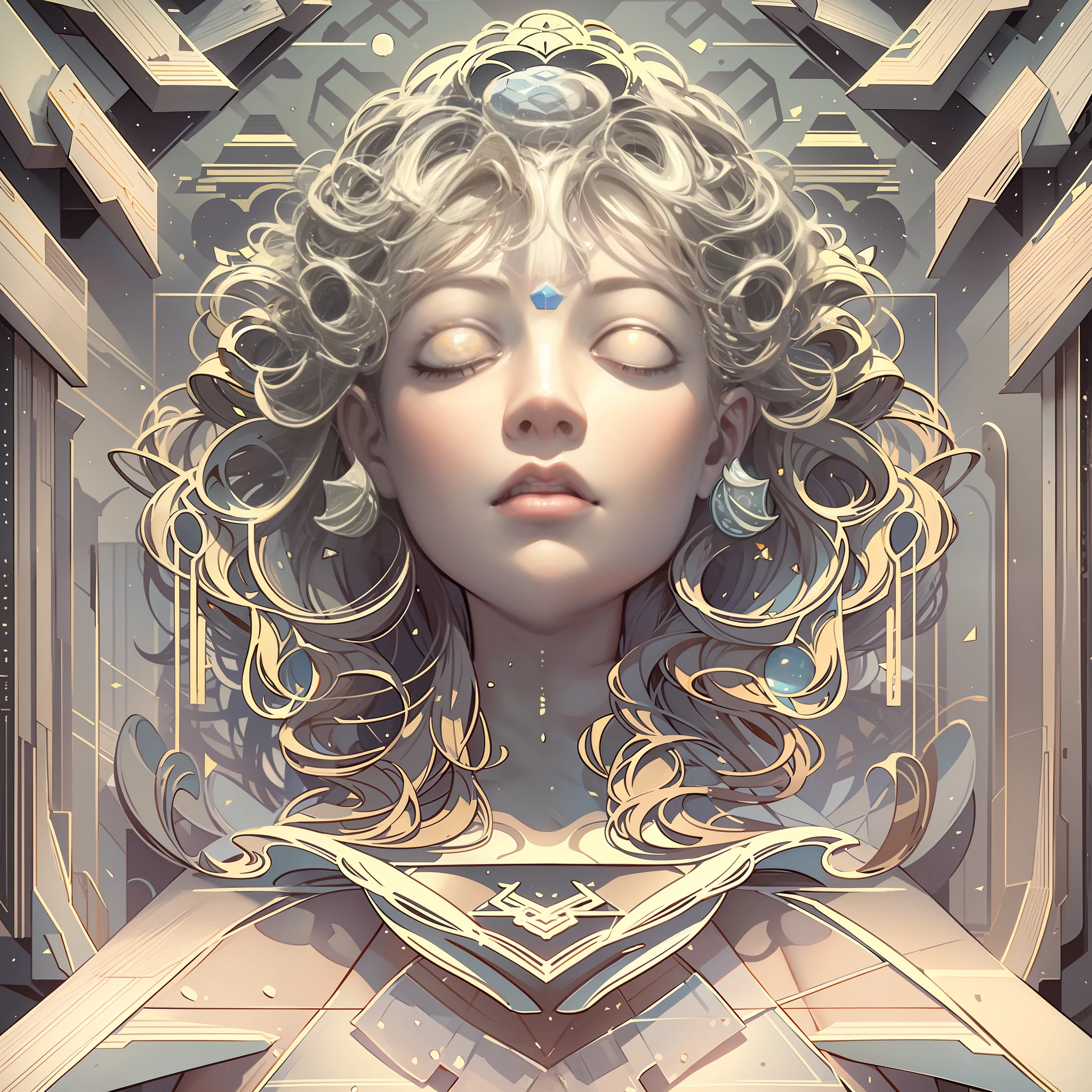 The head of the goddess consists of simple three-dimensional forms,Simple illustration,closeup cleavage,Fantastic installation style,Realistic and imaginative,levitating/levitating,Multi-layer collage,Geometric patterns,Rounded lines,square shapes,Three-dimensional feeling。