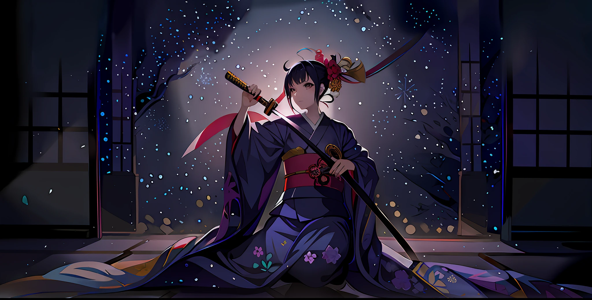 Anime girl in kimono holding a sword in a bright room, A chill appeared on her face，tatami galaxy, Guviz-style artwork, inspired by Tosa Mitsuoki, zerochan art, pixiv contest winner, , she is holding a katana sword