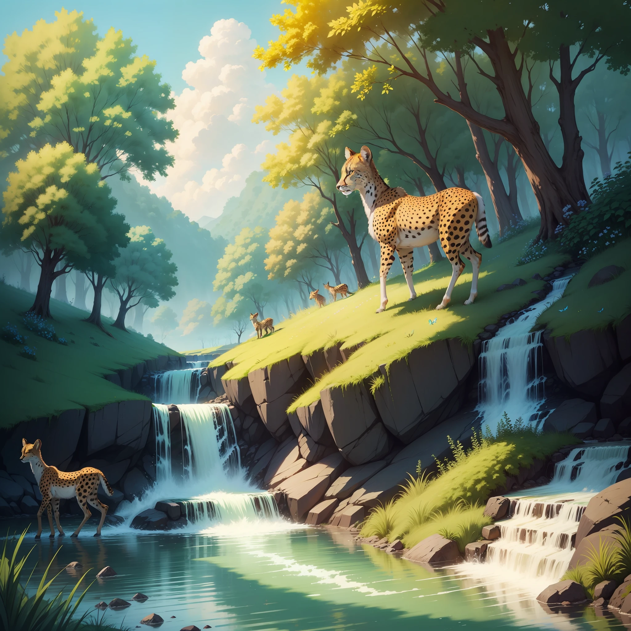 Vibrant summer colourful sky lush green forest butterflies flying and deers on the stream a cheetah watching