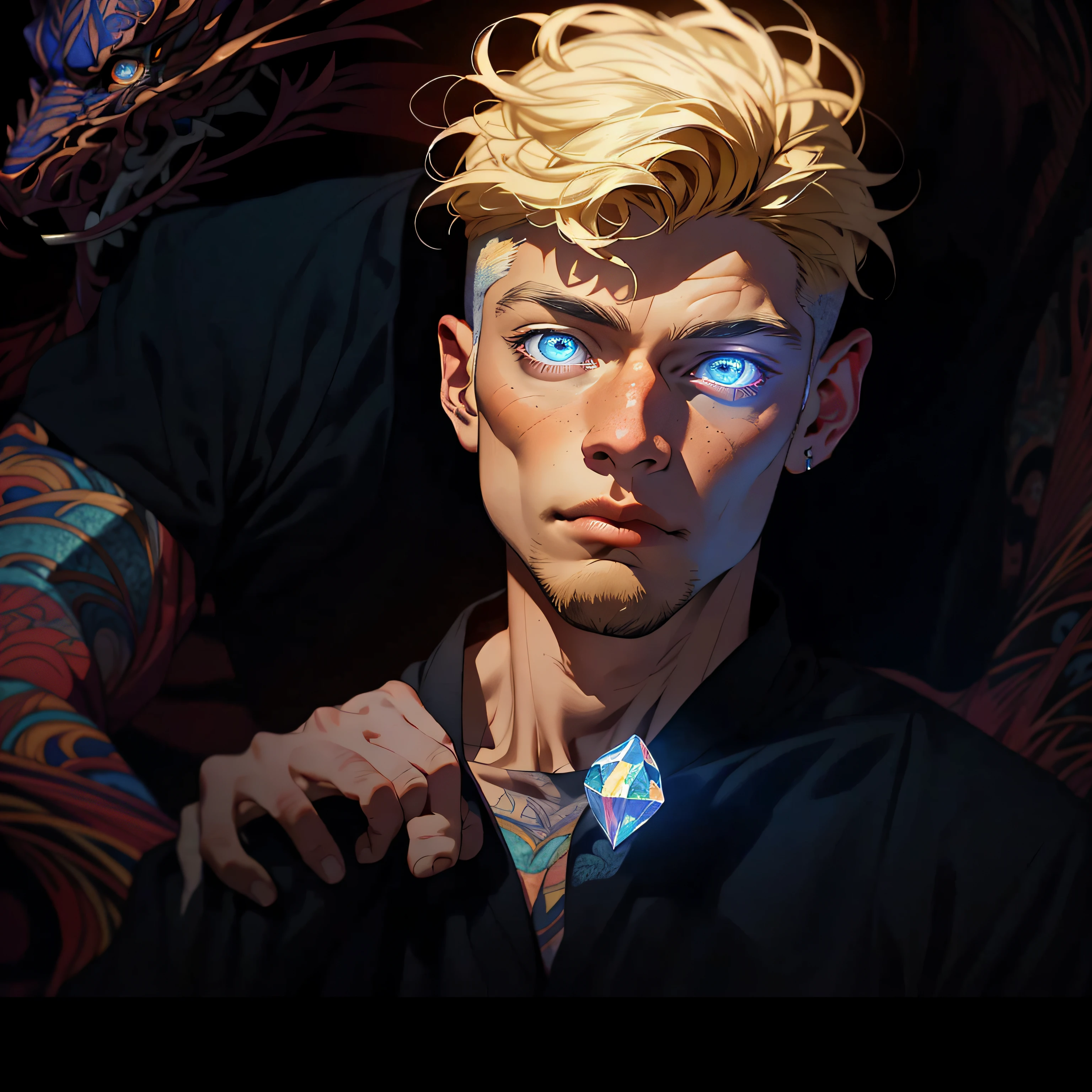 Realistic, (Masterpiece, Top Quality, Best Quality, Official Art, Beauty and Aesthetics: 1.2), Very Detailed, Fractal Art, Colorful, Most Detailed, Zentangle, (Abstract Background: 1.5) (1boy: 1.3), God, Blonde Hair, Short Hair, (Glowing Blue Eyes), Pectoral Muscles, Abs, Mysterious, (Magic), Crystal, Handsome Man, Knight