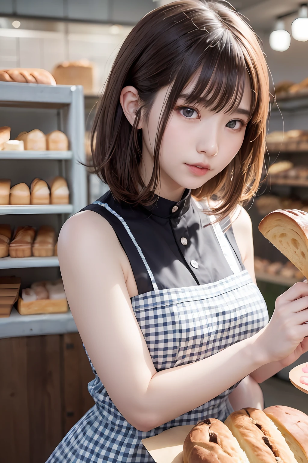 restaurant、Bakery、Bread、Cafe Clerk、pinafore、Hair shining in 7 colors、Lustrous hair、glitters、Shoulders exposed、Floating hair、Bakery、Bread、Cafe Clerk、pinafore、Hair shining in 7 colors、Lustrous hair、glitters、Shoulders exposed、Floating hair、Bakery、Bread、Cafe Clerk、pinafore、Hair shining in 7 colors、Lustrous hair、glitters、Shoulders exposed、Floating Hair Bakery、Bread、Cafe Clerk、pinafore、(masuter piece:1.3)、(8K、Photorealsitic、Raw photography、top-quality: 1.4)、(1girl in)、beautiful countenance、(Lifelike face)、(A dark-haired、short-hair:1.3)、Beautiful hairstyle、realisticeyes、Beautiful details、(real looking skin)、Beautiful skins、(Sweaters)、absurderes、enticing、超A high resolution、A hyper-realistic、high-detail、the golden ratio