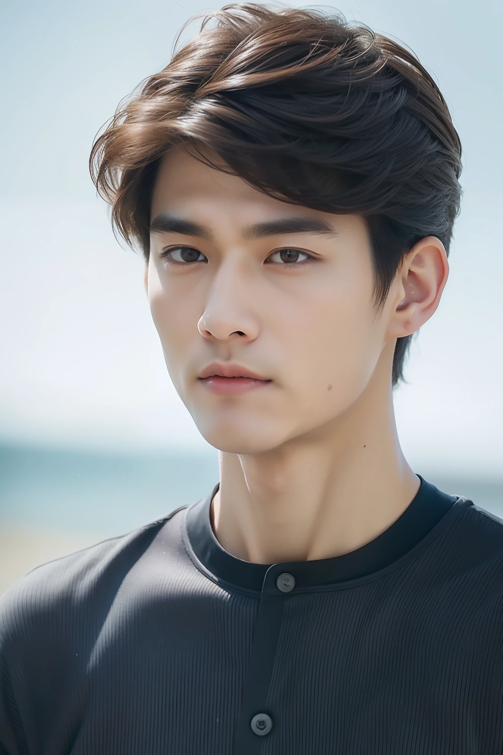 top-quality, ​masterpiece, 超A high resolution, (realisitic: 1.4), Original photo, wall-paper, Head Photo, The skin, simple background, Black eyes, detaileds, selfy, 1 boys, 18 years old, a handsome, breezing, rays of sunshine, Duan、a room、Amazing handsome man、Cute、Center Part、perm、Johnny's、A face like Ryo Yoshizawa、Refreshing、not too thick eyebrows、orthodox christianity、Cold Face、musculature