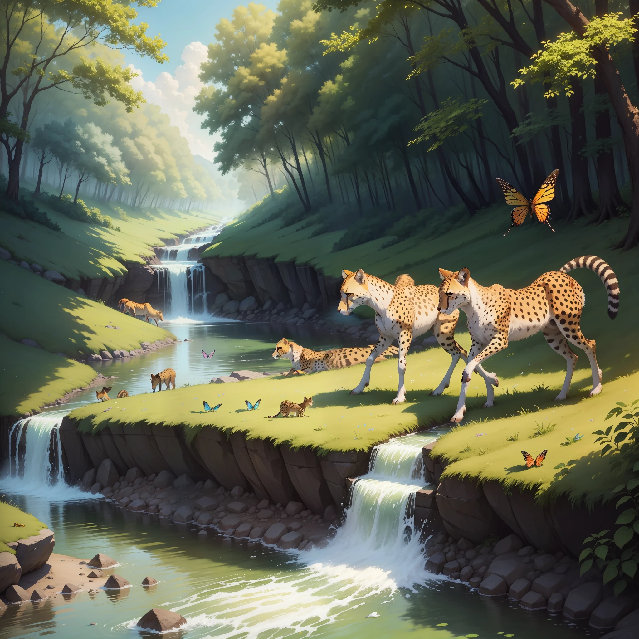 Vibrant summer colourful sky lush green forest butterflies flying and deers on the stream a cheetah watching