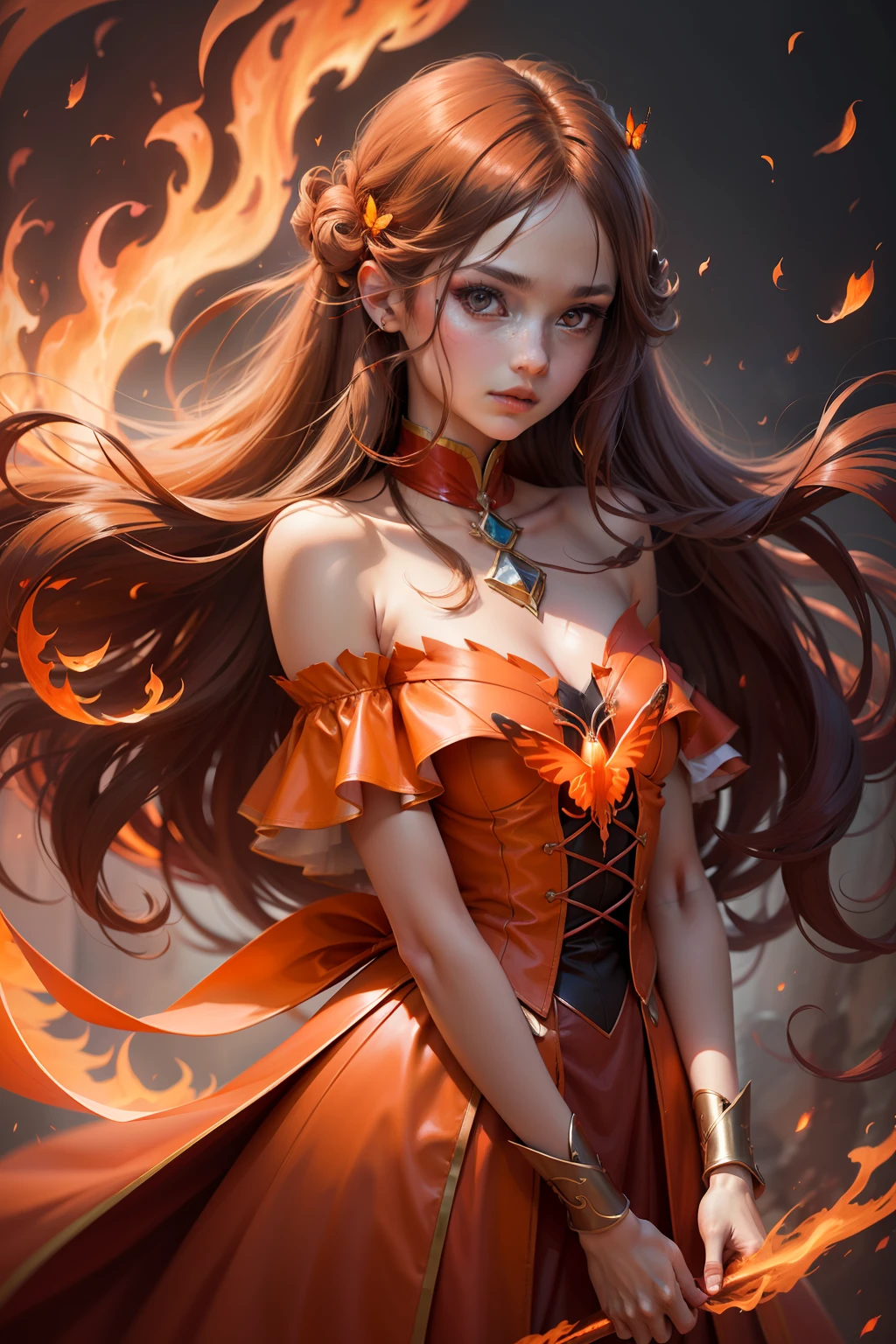 Cinematic texture,A magical girl who manipulates flames,Long shoulder-length wavy hair,Handheld magic weapon,There are flames all around,depth of fields,finedetail,vibrant detail,There are red butterflies,Bare shoulders and arms,Orange-red eyes,The face shape is rounded