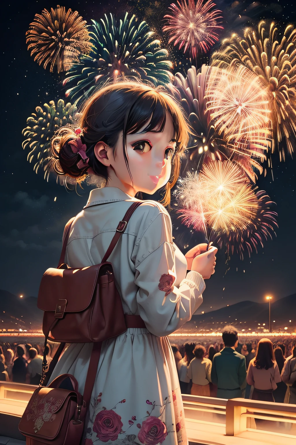 Draw beautiful illustrations of the highest quality on the fireworks display poster、Vivid fireworks light spreads in the beautiful night sky、Expresses a fun atmosphere and the bustle of the venue。