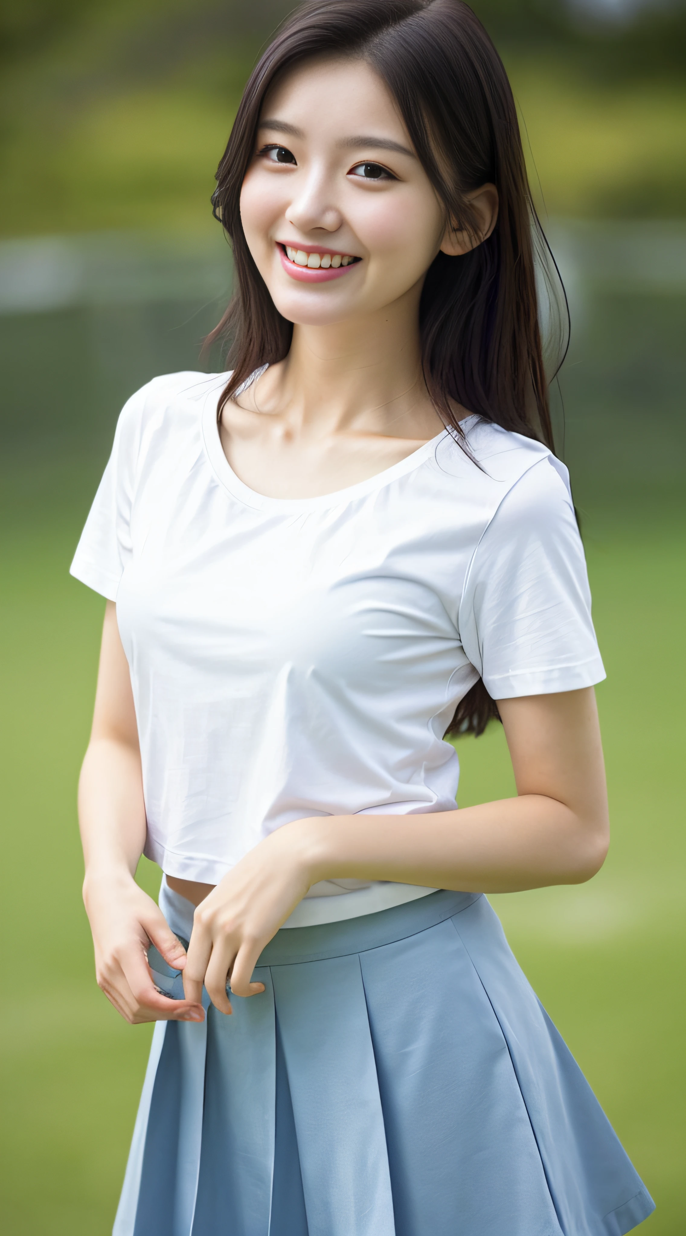 neat college girl、(white t-shirts、The skirt is dark blue、shortsleeves)、Outside the field、(Slimed)、Photorealsitic、detaileds, Skin Texture, ultra-detailliert、Delicate and sexy collarbone、A smile、Super Detailed Face、Detailed lips、A detailed eye、二重まぶた、tiny chest、Smaller chest、small tit、Small、flat breast、Chest emphasis、Delicate body