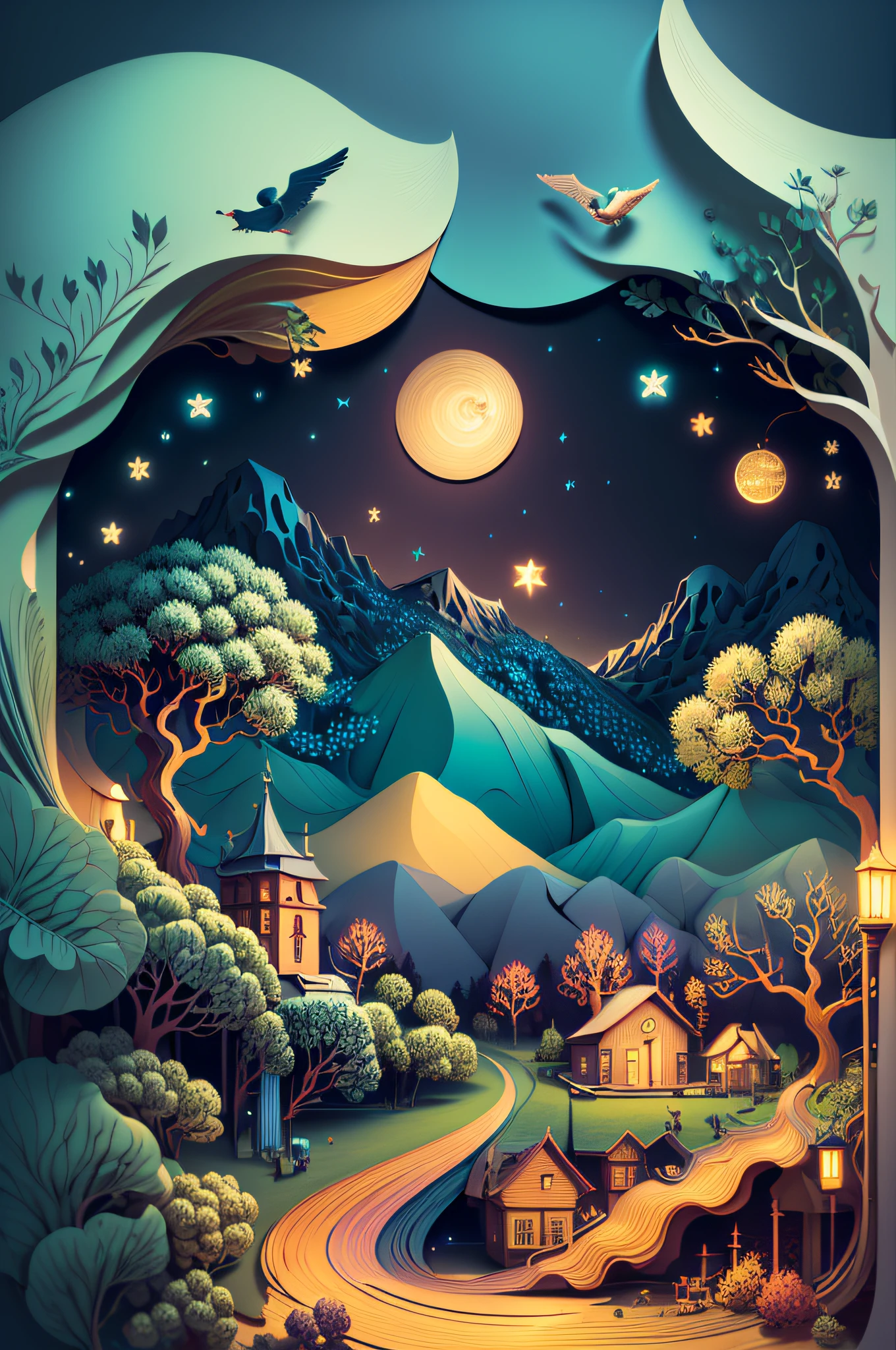 (((masterpiece))),bestquality,illustration, beautiful detailed glow, paper_cut, fantasy, simple background, no human, vincent van gogh \(style\). O'er all the hilltops Is quiet now, In all the treetops, Hearest thou, Hardly a breath, The birds are asleep in the trees, Wait, soon like these, Thou too shalt rest.