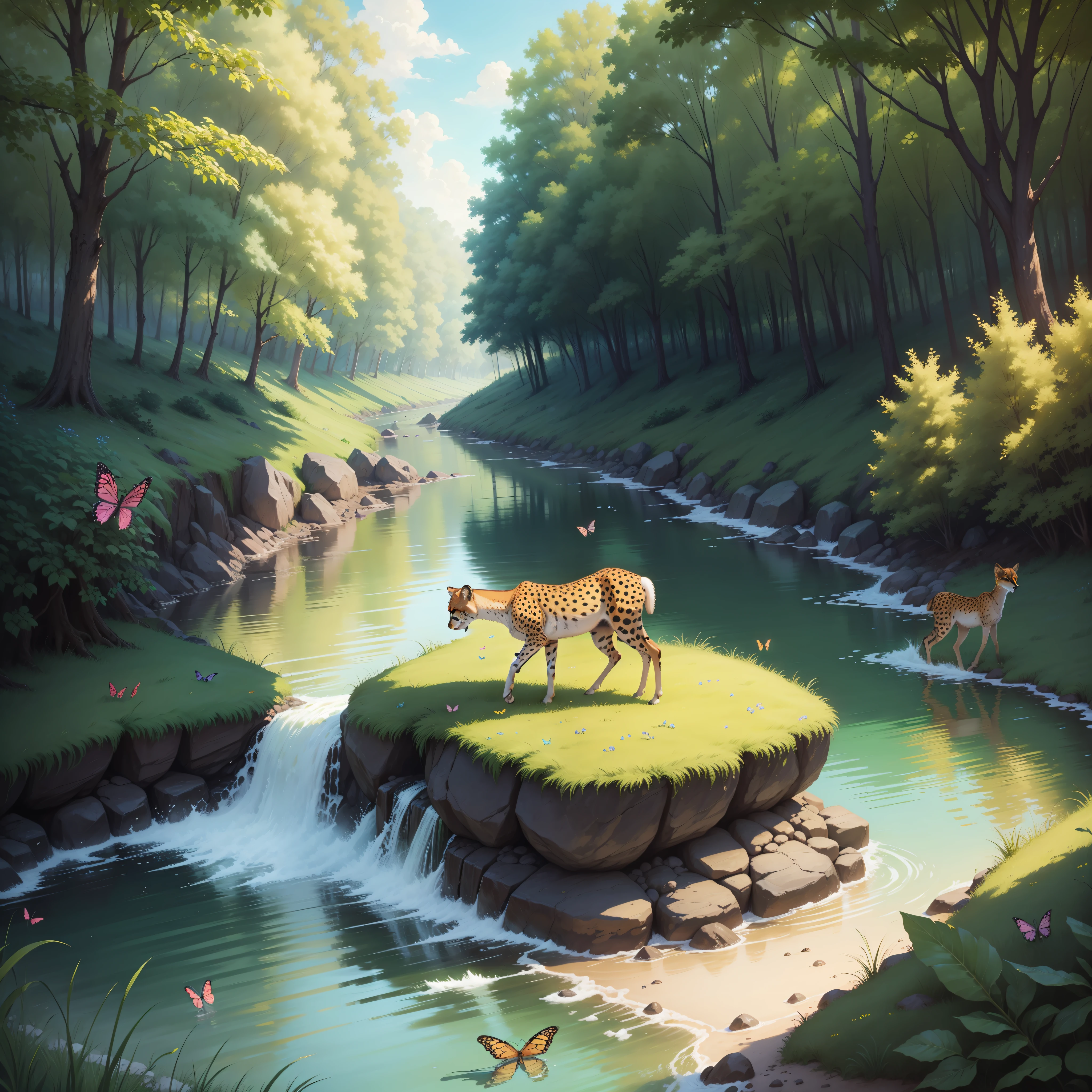 Vibrant summer colourful sky lush green forest erflies flying and deers on the stream a cheetah watching
