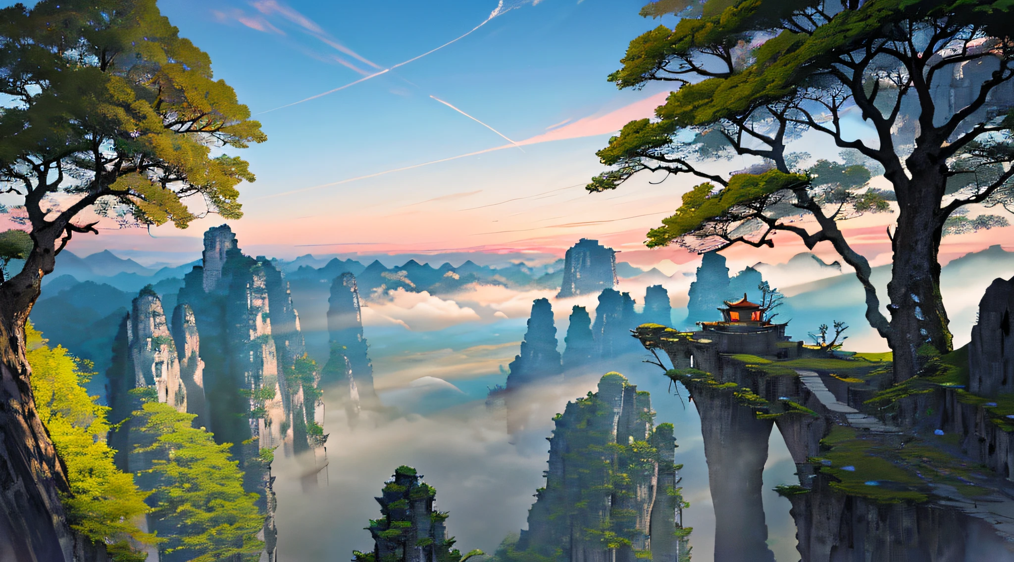 a close up of a mountain with a lot of trees and rocks, zhangjiajie national forest park, zhangjiajie in early morning, zhangjiajie, floating mountains, karst pillars forest, chinese landscape, avatar landscape, image credit nat geo, floating lands in-clouds, the taoist temples of huangshan, epic land formations
