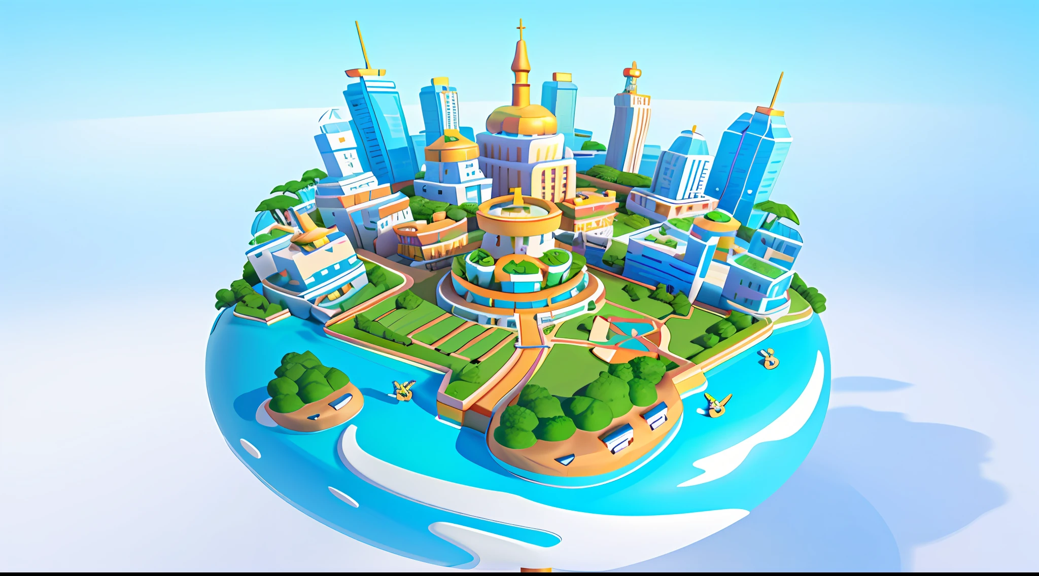 Cartoon island overlooking the view，There is a city on the island， Flat wind cartoon，planar，Business Illustration，mall background，Detailed 2D illustration，3D illustration，3D illustration，8K cartoon illustration，Detailed scenes，Official artwork，3 d epic illustrations，2。5 D illustration，official illustration，a beautiful artwork illustration，detailed photo of virtual world，isometric illustration