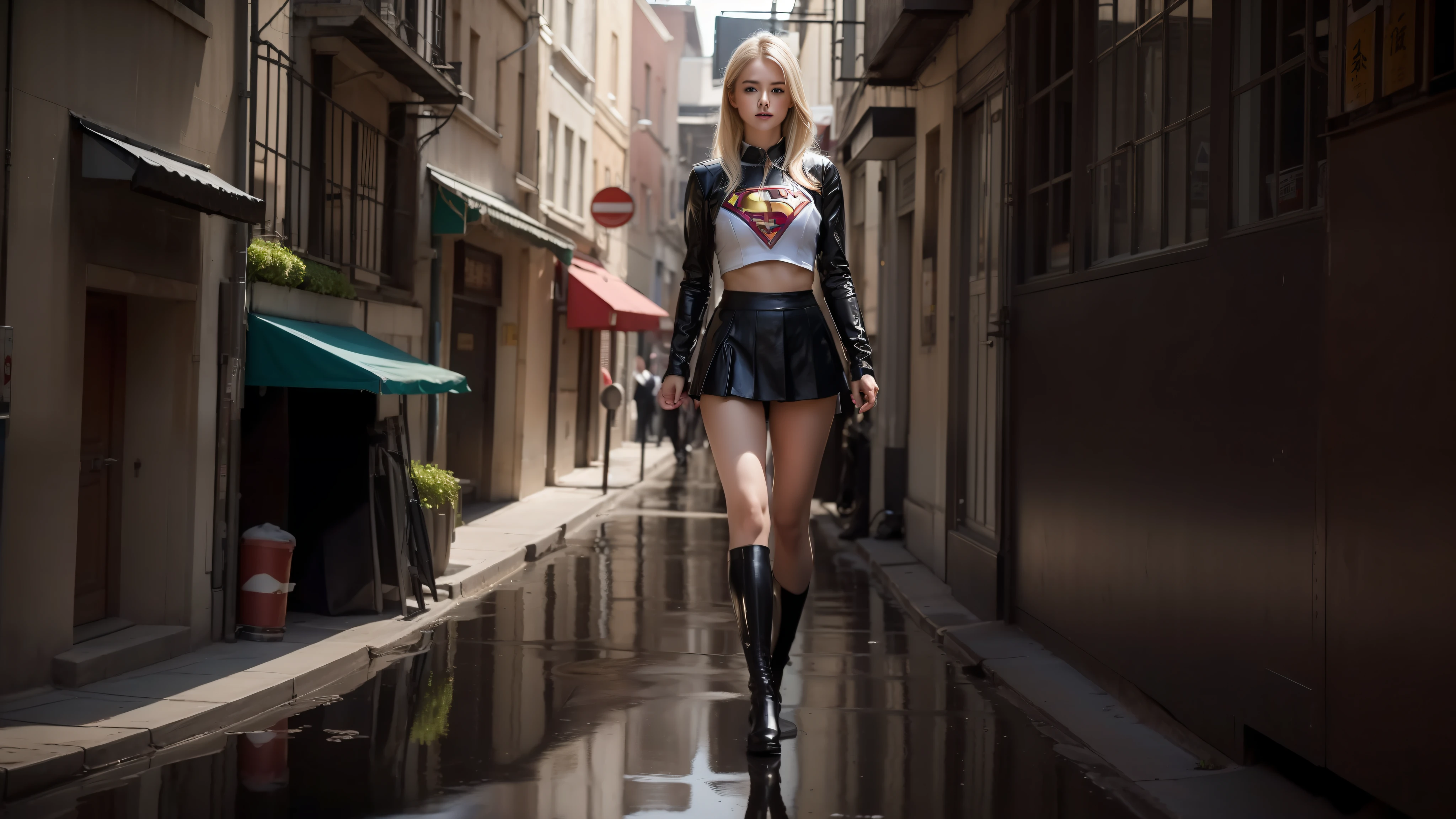((Realistic Lighting, Best Quality, 8K, Masterpiece: 1.3)), Focus: 1.2, 1girl, Perfectly shaped Chinese beauty: 1.4, Fine abs: 1.1, ((blonde hair)), (Supergirl uniform, atex: 1.4), (Outdoor, Night: 1.1), City streets, Super thin face, Thin eyes, Double eyelids, Latex miniskirt, (Black socks over the knee: 1.5) --auto --s2