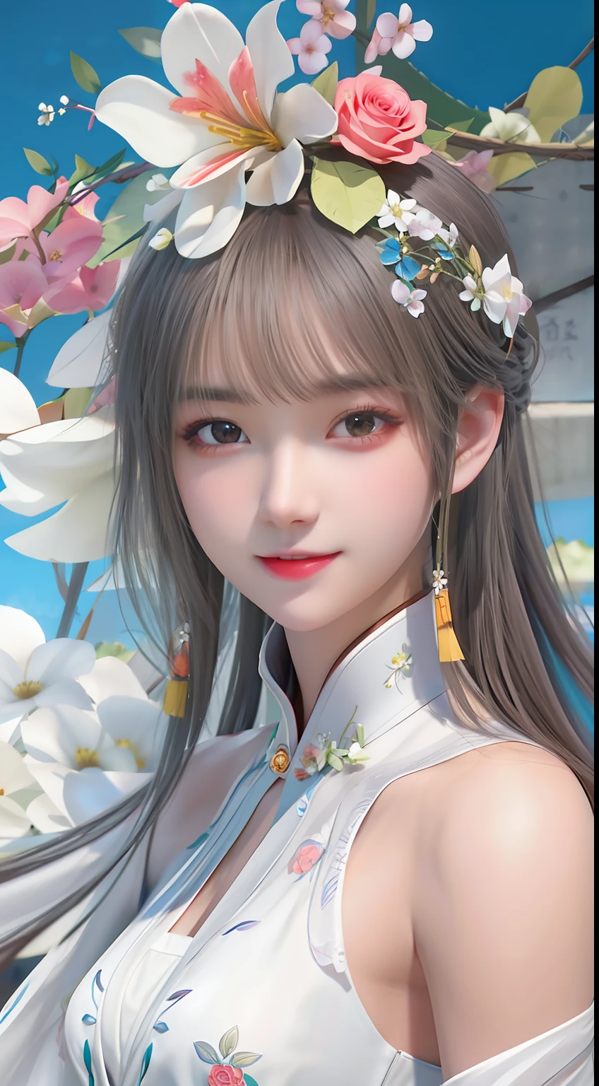 anime girl with flowers in her hair and a white dress, Guviz-style artwork, Guviz, Inspired by Lan Ying, Guweiz in Pixiv ArtStation, 8K high quality detailed art, Guweiz on ArtStation Pixiv, Palace , A girl in Hanfu, trending on cgstation, IG model | Art germ