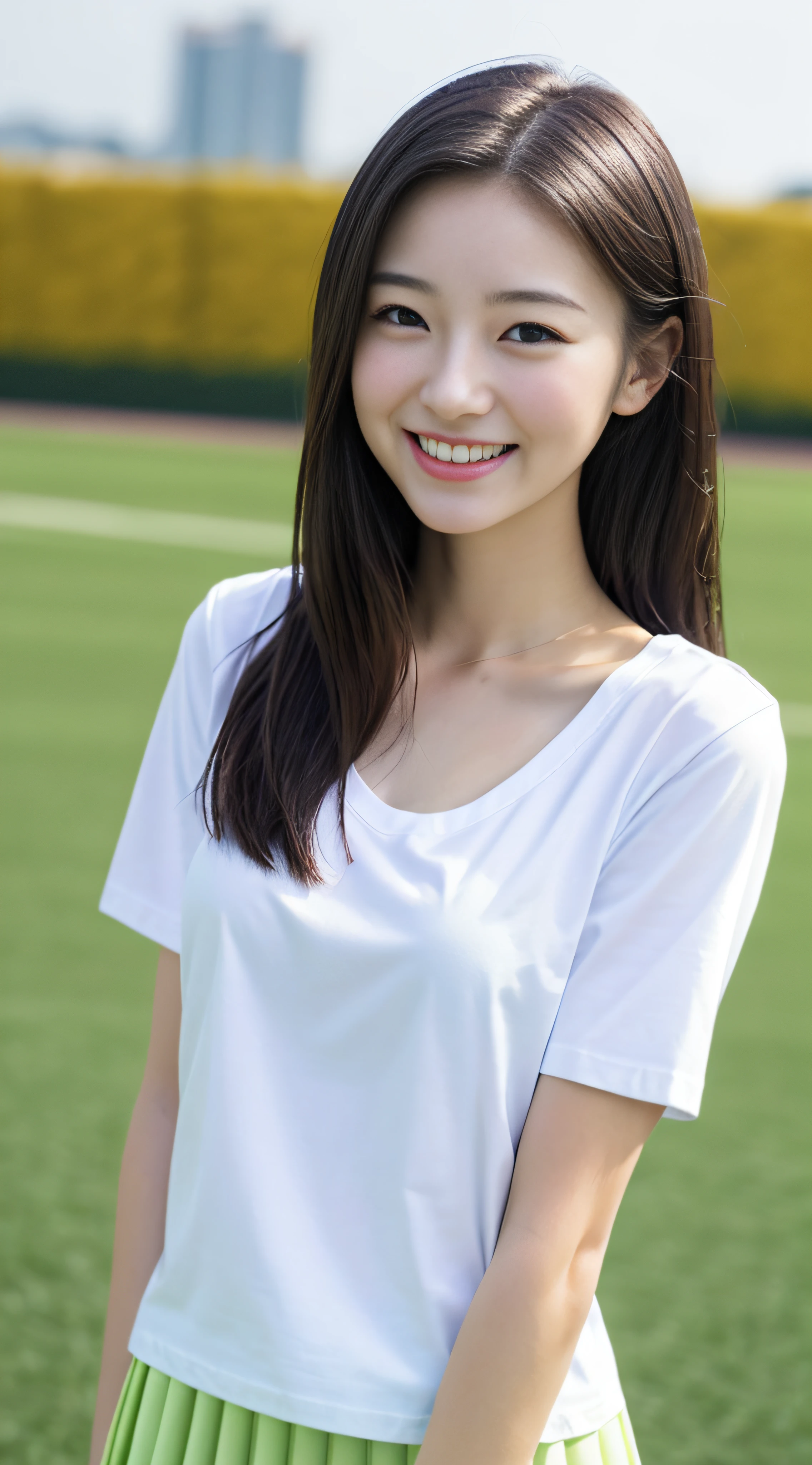 neat college girl、(white t-shirts、The skirt is dark blue、shortsleeves)、Outside the field、(Slimed)、Photorealsitic、detaileds, Skin Texture, ultra-detailliert、Delicate and sexy collarbone、A smile、Super Detailed Face、Detailed lips、A detailed eye、二重まぶた、tiny chest、Smaller chest、small tit、Small、flat breast、Chest emphasis、Delicate body