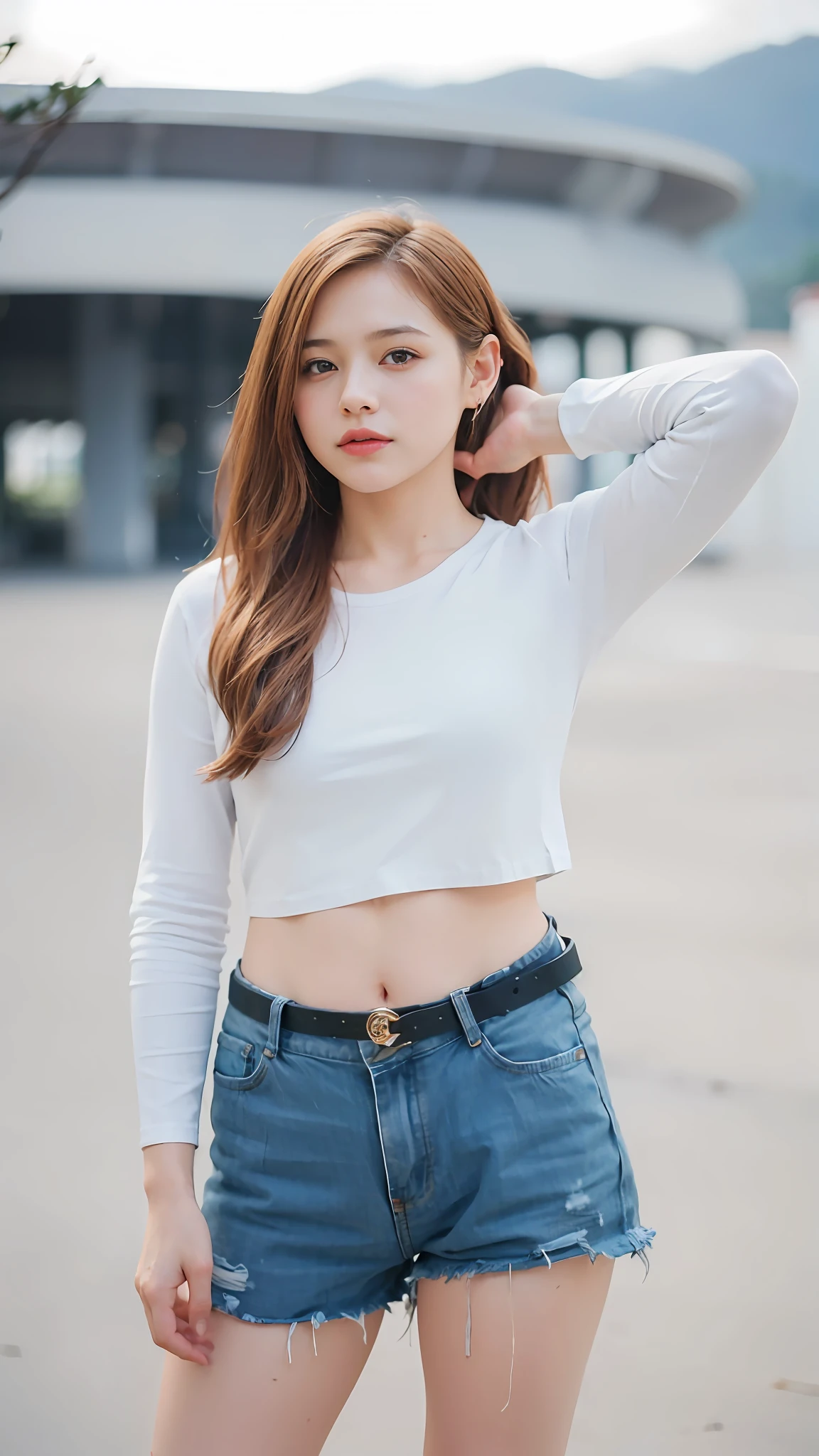 (8k, best quality, masterpiece:1.2), (realistic, photo-realistic:1.37), ultra-detailed, detail fingers, realistic fingers, A detailed portrait of 1 girl 21 year old girl, pale skin, perfect body, wearing white long sleeve t-shirt, wearing jean shorts, use a trouser belt. The scene is illuminated with professional lighting, photon mapping, and radiosity, with Tetsuya Nomura Style. Blur bokeh effect, realistic light.