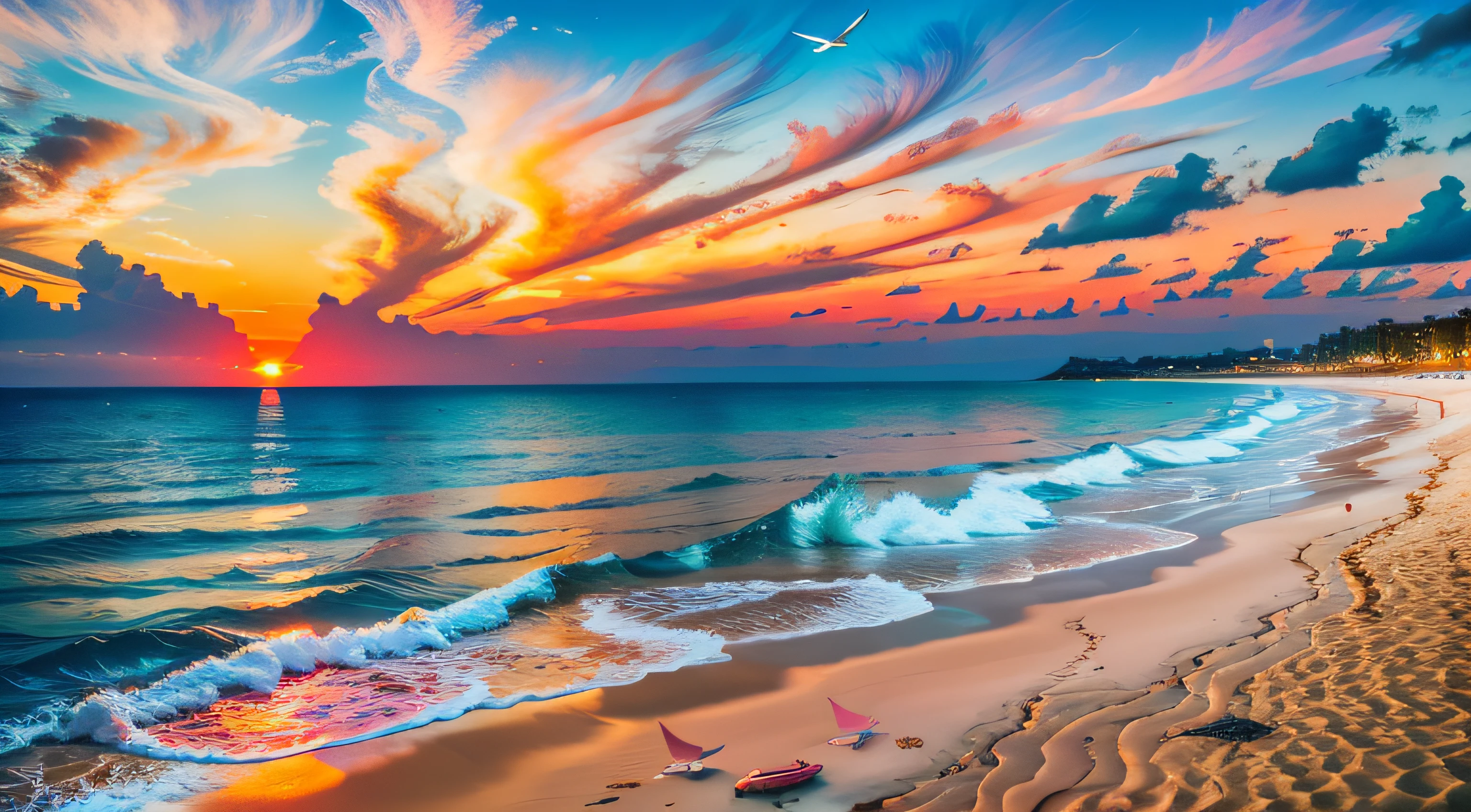 Absolutely mesmerizing sunset on the beach with a mix of orange, pink, a white boat and yellow filling the sky. The sea water is crystal clear, kissing the coast gently, and the white sandy beach is endless. The scenes are action-packed and breathtaking, with seagulls soaring high in the sky and palm trees swaying gently. Immerse yourself in the peaceful atmosphere and let the tranquility surround you.