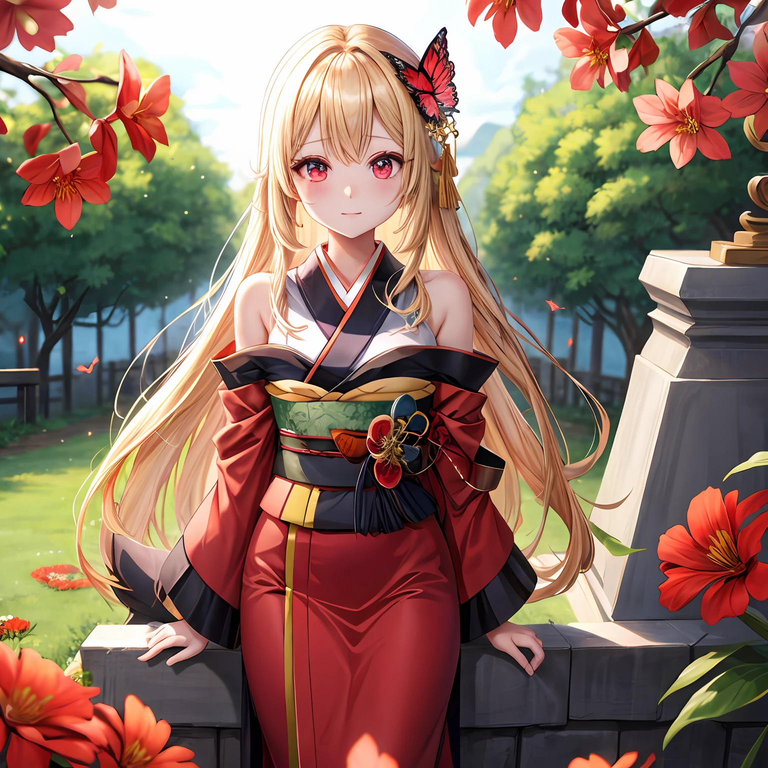 a blond、red eyes、One pretty girl、独奏、animesque、dark colored kimono、flower  field、butterflys々、Shoulders are protruding