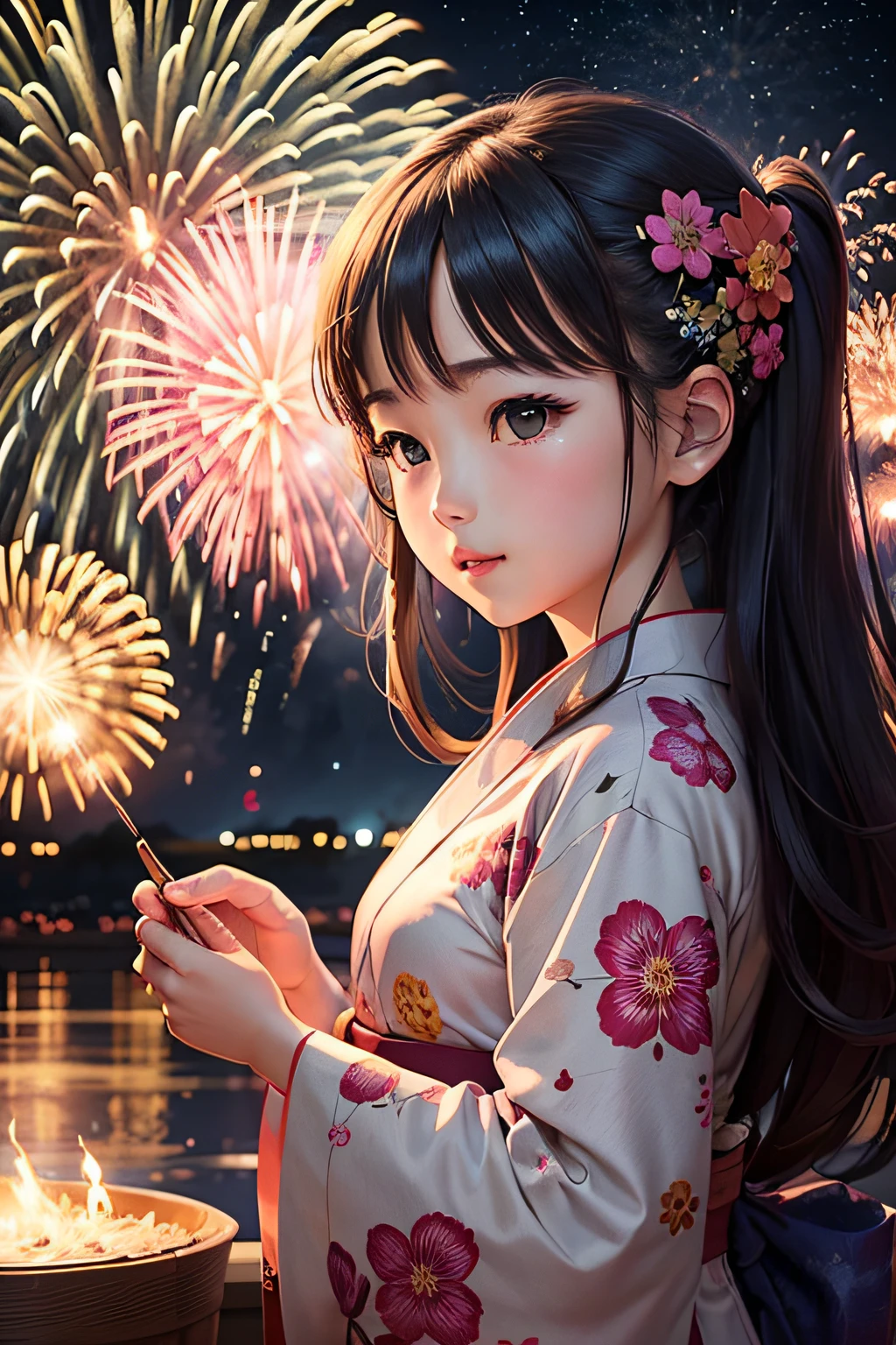 Draw beautiful illustrations of the highest quality on fireworks display posters、Vivid fireworks light spreads in the beautiful night sky、Expressing the fun atmosphere and bustle of the venue。Girl in yukata