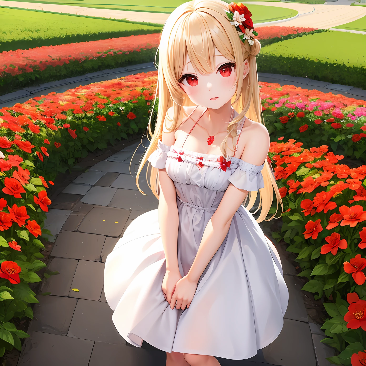 a blond、red eyes、One pretty girl、独奏、animesque、off shoulders、RED dress、flower field
